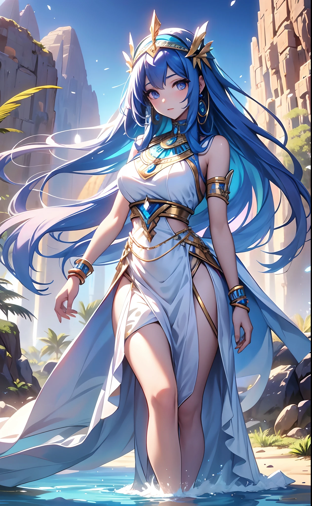 best qualityer，tmasterpiece，Ultimate resolution，downy，Extremely colorful，Colorful，Oasis background，Ancient Egyptian woman，Long azure hair，a matural female，Long white dress in Egyptian style，a white long skirt，Treading water，Desert oasis，Nile River，Normal posture