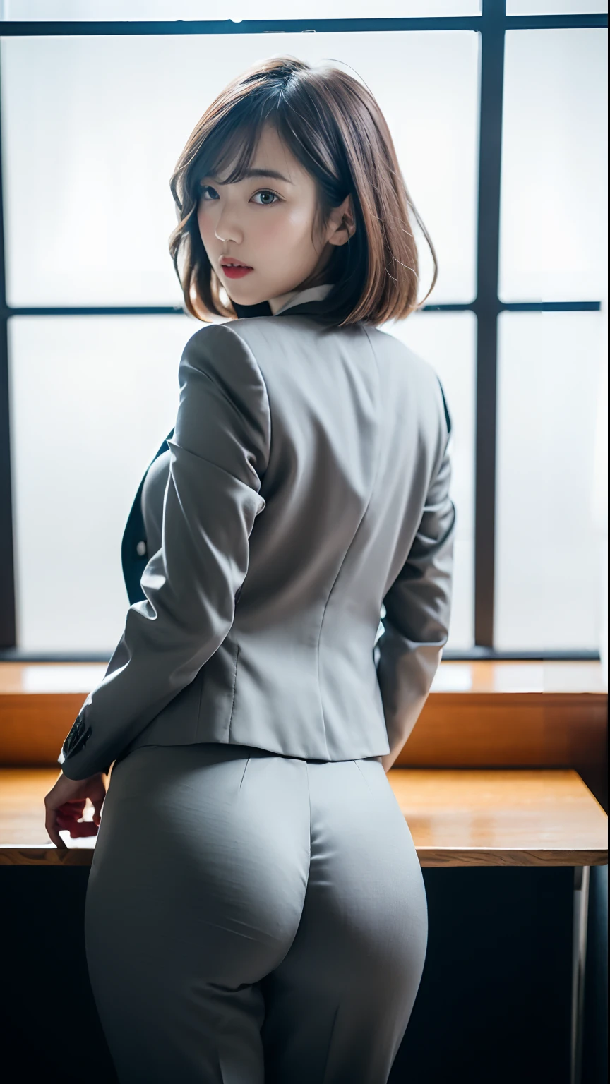 (Best quality, 8k, 32k, Masterpiece, UHD:1.2), 1girl, beautiy Japanese woman, narrow waist, grey suit, open jacket, office lady, suit, pants, from behind, office room, desk, (stick out one's buttocks:1.2), detailed face, short hair,