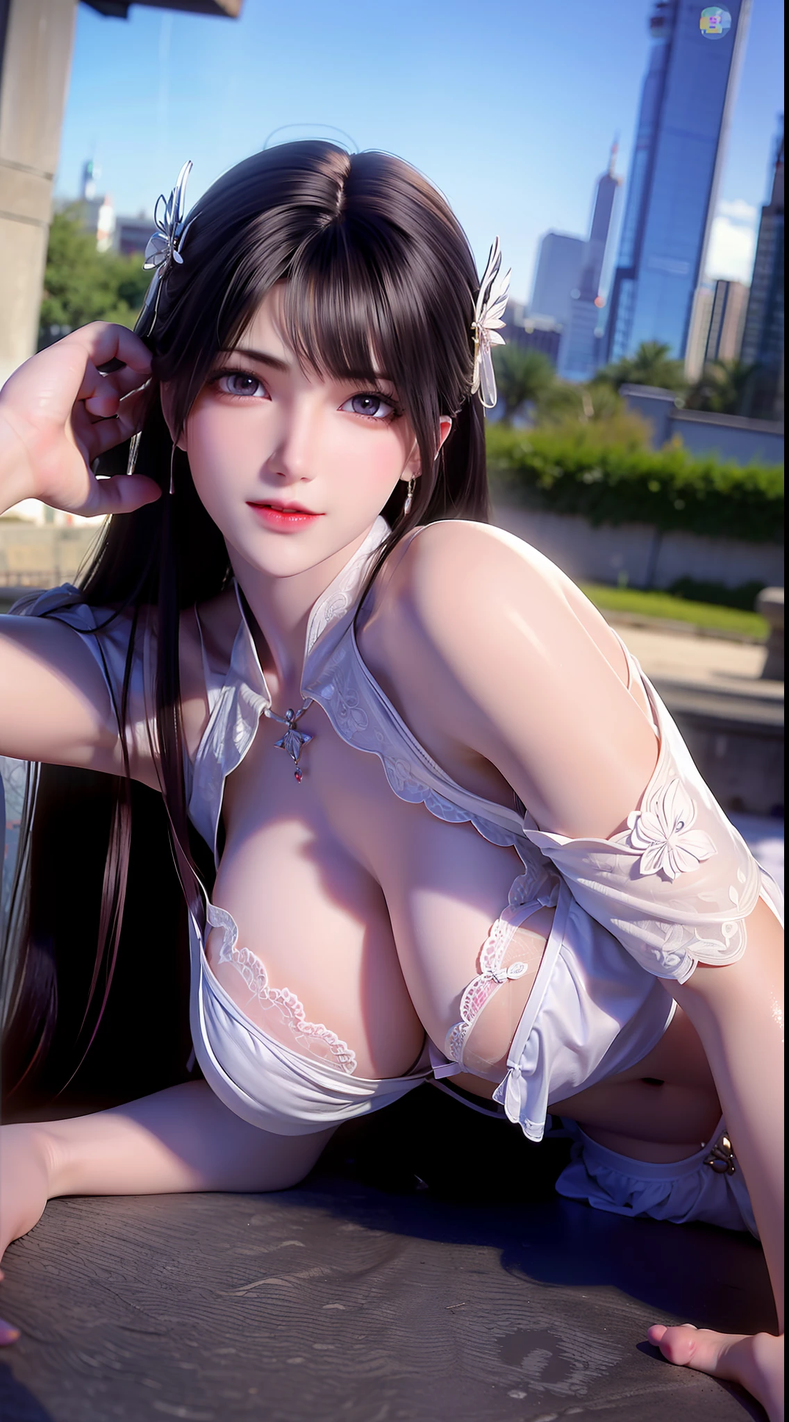 A girl,Wearing a lace bikini,Lace bra,C cup,Normal physiological anatomy,((perfect bodies)),On the ground,largeeyes,Purple pupils,Black hair,long whitr hair,hair adornments,Ji hair style,eardrop,Be red in the face,is shy,prette,adolable,facing to audience,full bodyesbian,Above the calves,City sky background,depth of fields,wallpaper hd,The most intricate details,Highest high resolution,best illuminate,best qualtiy