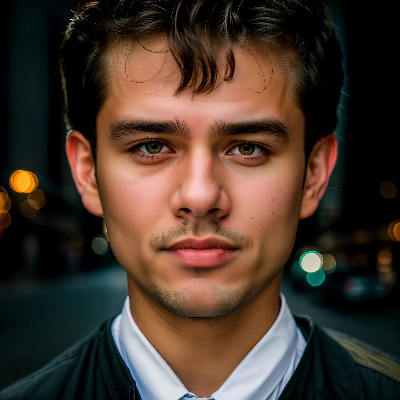 RAW Photo, 25 Years Old Casual Male Portrait Photo, Night, City Street, (High Detail Skin: 1.2), 8k UHD, DSLR, Soft Light, High Quality, Film Granule, Fujifilm XT3