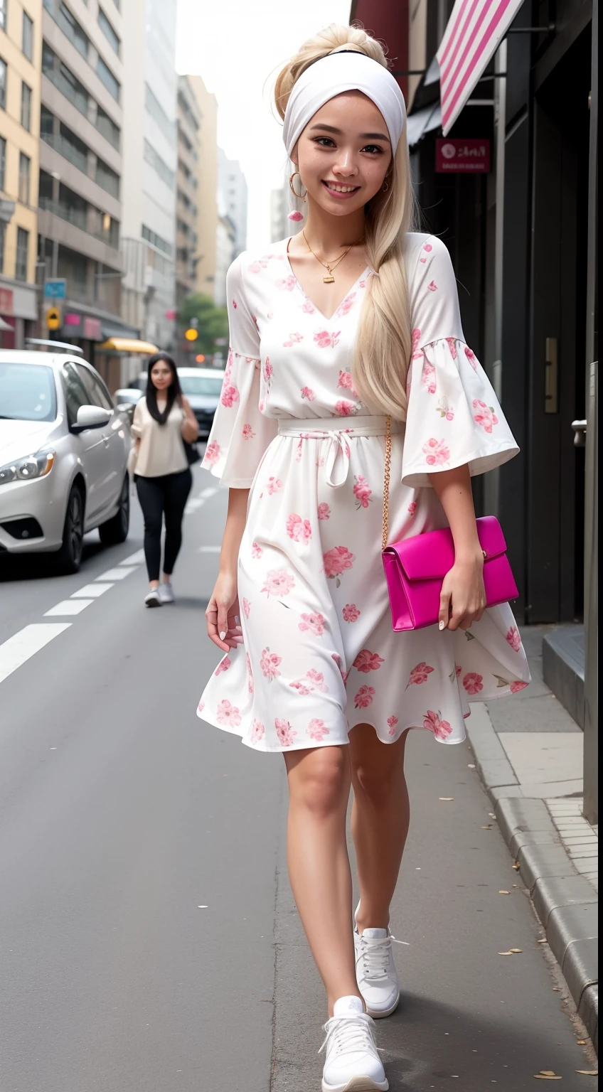 Malay girl very long white shiny hair with High Sleek updo Bun and hijab, wear pastel color Floral Print Flounce Sleeve Square Neck Dress, pink sneakers, smiling, very long white hair, wear gold necklace, front view, windy, detail skin, age spot, detail skin texture, mole below eyes, small breast, flat chest, wide hips, small waists, thick thighs, slim abs, beautiful body, morning, laughing, happy, bright lighting, people in background, city background, blur background, bokeh, location: city street