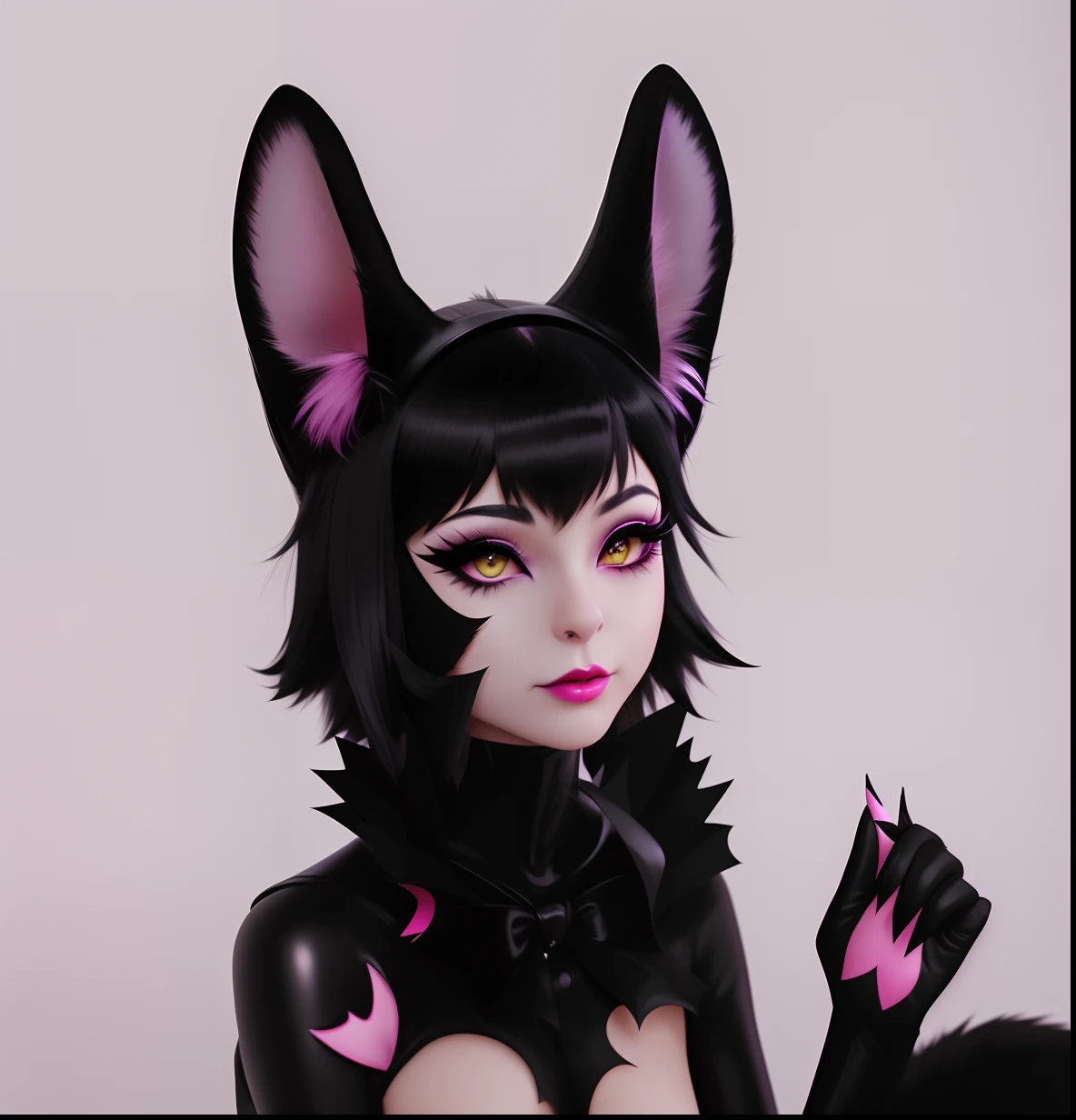 araffe cat woman with black and pink makeup and black cat ears, portrait of a goth catgirl, with pointy ears, catgirl, girl with cat ears, black hair black cat ears, wearing cybernetic, woman with cat ears, cat girl, beautiful young catgirl, anthro cat, attractive cat girl, cat ears