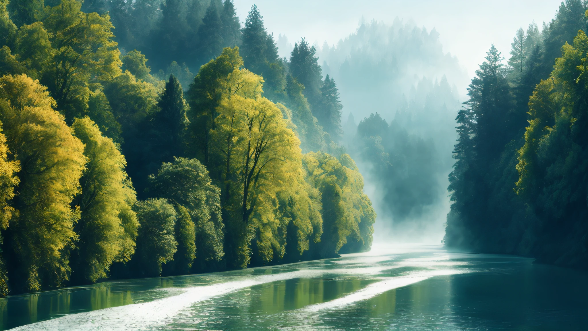 Analog style,ChromaV5,nvinkpunk,(extremely detailed CG unity 8k wallpaper),An image of a majestic river, trees on the sides, tiny waterfall, intense fog ,award winning photography, Chromatic Aberration, Detailed , HDR, Bloom, style by Monet, Pissarro, and Sisley ,trending on ArtStation, trending on CGSociety, art by midjourney