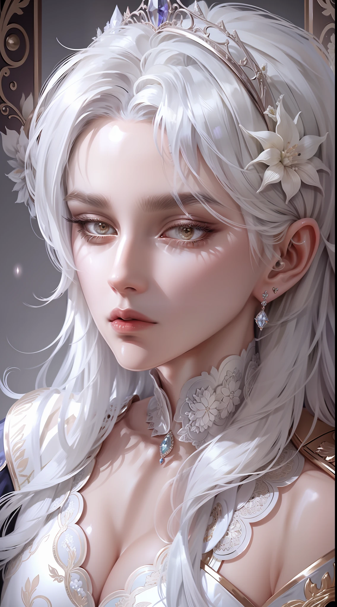 a close up of a woman with long gray hair wearing a denim jacket, Girl silver hair, long white hair, Silver hair girl, silver curly hair, with long white hair, White curly hair, wavy white long hair, messy wavy white hair, Perfect white haired girl, Beautiful anime style, silber hair, Flowing white hair, Girl with white hair,Vintage old newspaper stitching background