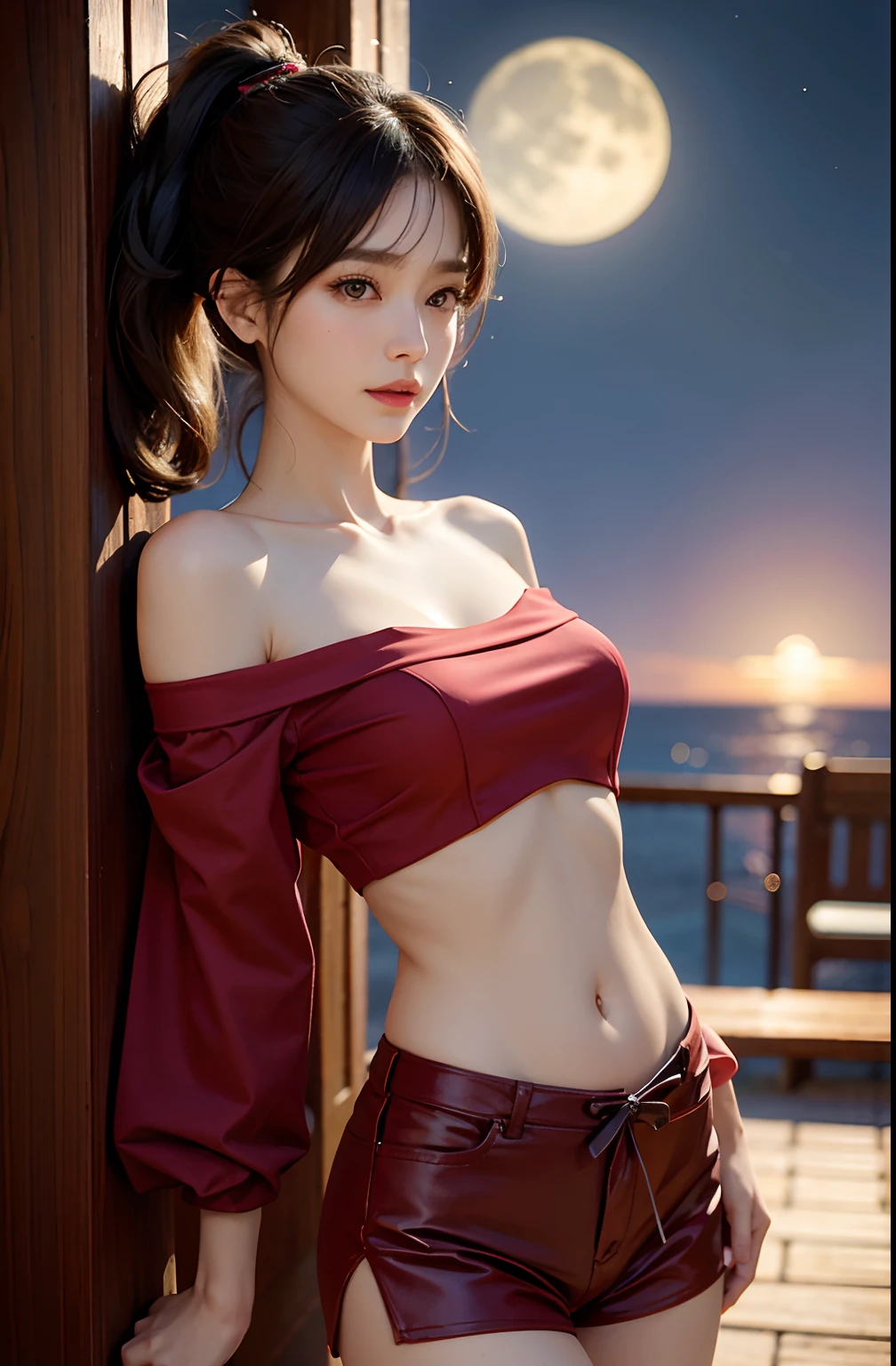 best qualtiy,sface focus,Look at the audience head-on,the soft light,(depth of fields),超高分辨率,(Photorealsitic:1.4),RAW photos,Bigchest,Red clothes,Open navel,Bare shoulders,By bangs,Long ponytail hairstyle,(sportrait:1.4),(From the front side)1girll,独奏,adolable,(Shy,ssmile:1.1),(with brown eye),Detailed beautiful face,(mid day_Hair), moon in the night,Walk,(off-the-shoulder shirts),