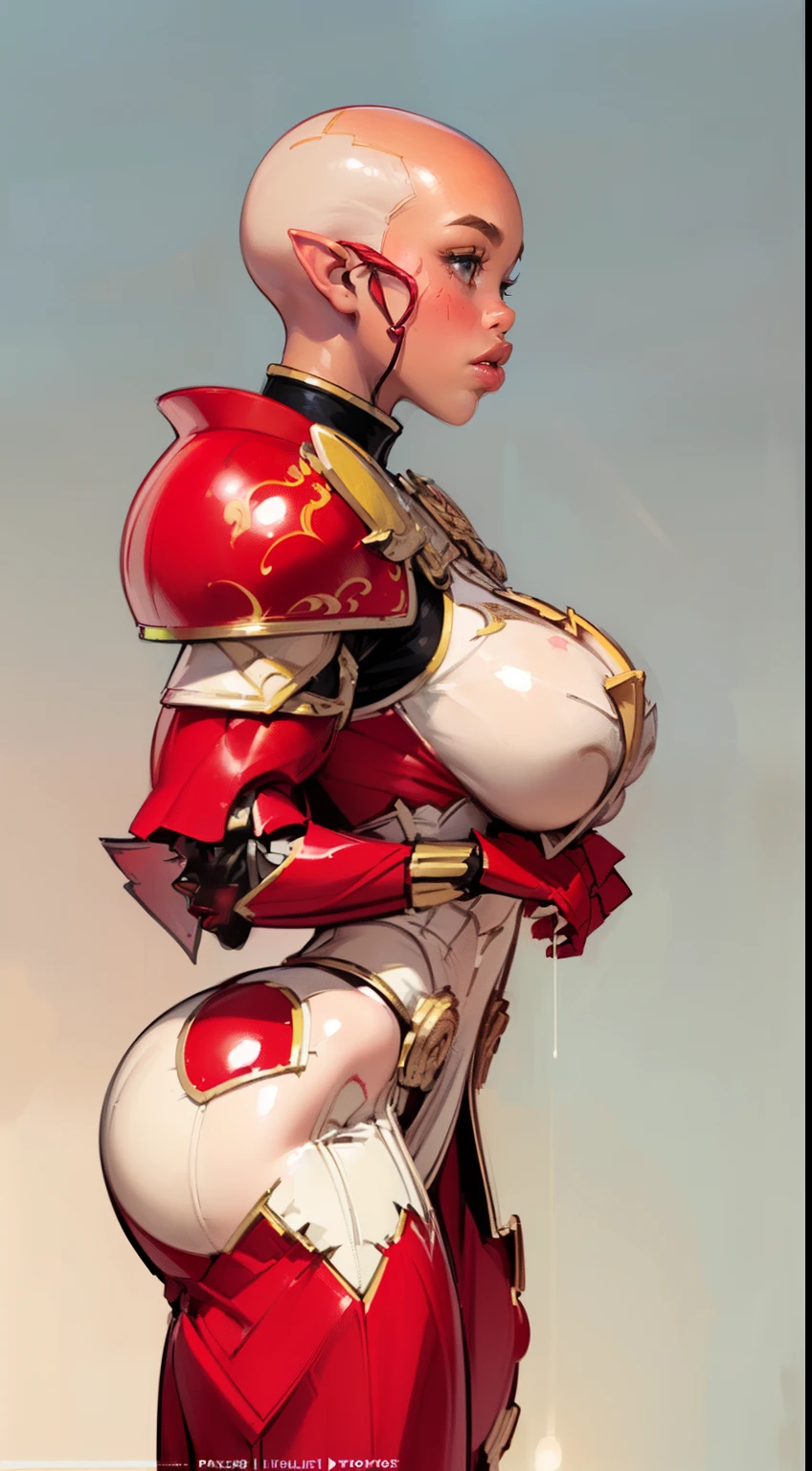 (((Side view:1.6))) (((1girl:2.5))), ((bulky woman:1.5)) female, sehele style, anime style, (((elf))) (((red skin:1.4)) (((smoldering eyes))), ((bald:1.6)), ((no hair:1.6)), 8k, 4k, Unreal Engine 5, octane render, trending on pixiv, ((huge shoulder pads:2.0)) (wide shoulders:1.7), (large biceps:1.5), fanbox, skeb, (((light armor:1.7))), masterpiece, ((slendered abs:1.2)),((pressed breasts together:1.4)), (full bodied), wide hips, (full lips:1.5), smooth soft skin, big dreamy eyes, beautiful anime wide eyes, soft lighting, concept art, digital painting, red and white color palette