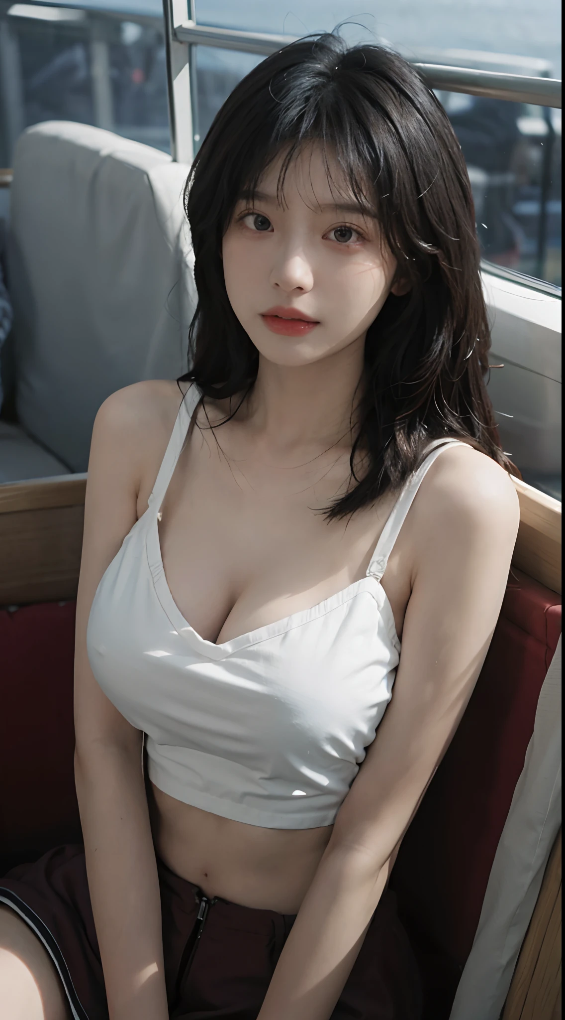 best qualtiy,tmasterpiece,超高分辨率,(realisticlying:1.4),1girll,Large wavy curls,A pair of smart eyes,Raised sexy,Snow-white and translucent skin,head straight-looking at viewer,On the yacht,Full of atmosphere,Cleavage is seductive,,(Red bra:1.8),(JK clothing:1.4),(Big big breasts:1.8),(The upper part of the body:1.4),