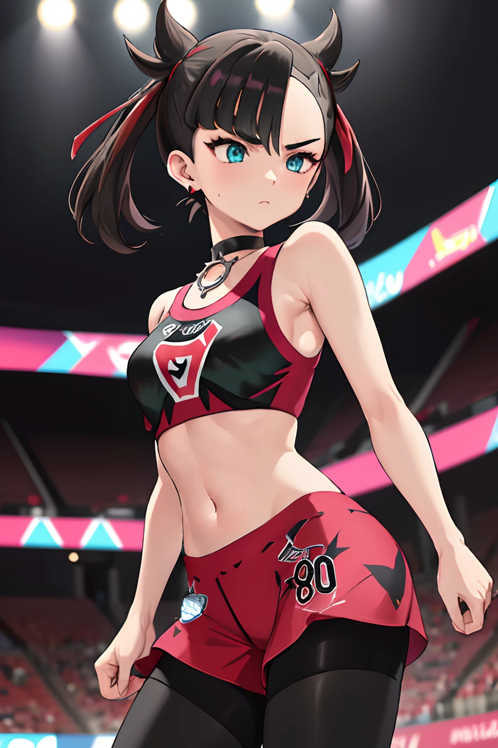 masterpiece, best quality, highres, hmmarnie, aqua eyes, black choker, red ribbon, sexy, armpits, earrings, jewelry, midriff, sports bra, bare shoulders, pants, leggings, standing, cowboy shot, stadium, holding poke ball, poke ball \(basic\), serious face,