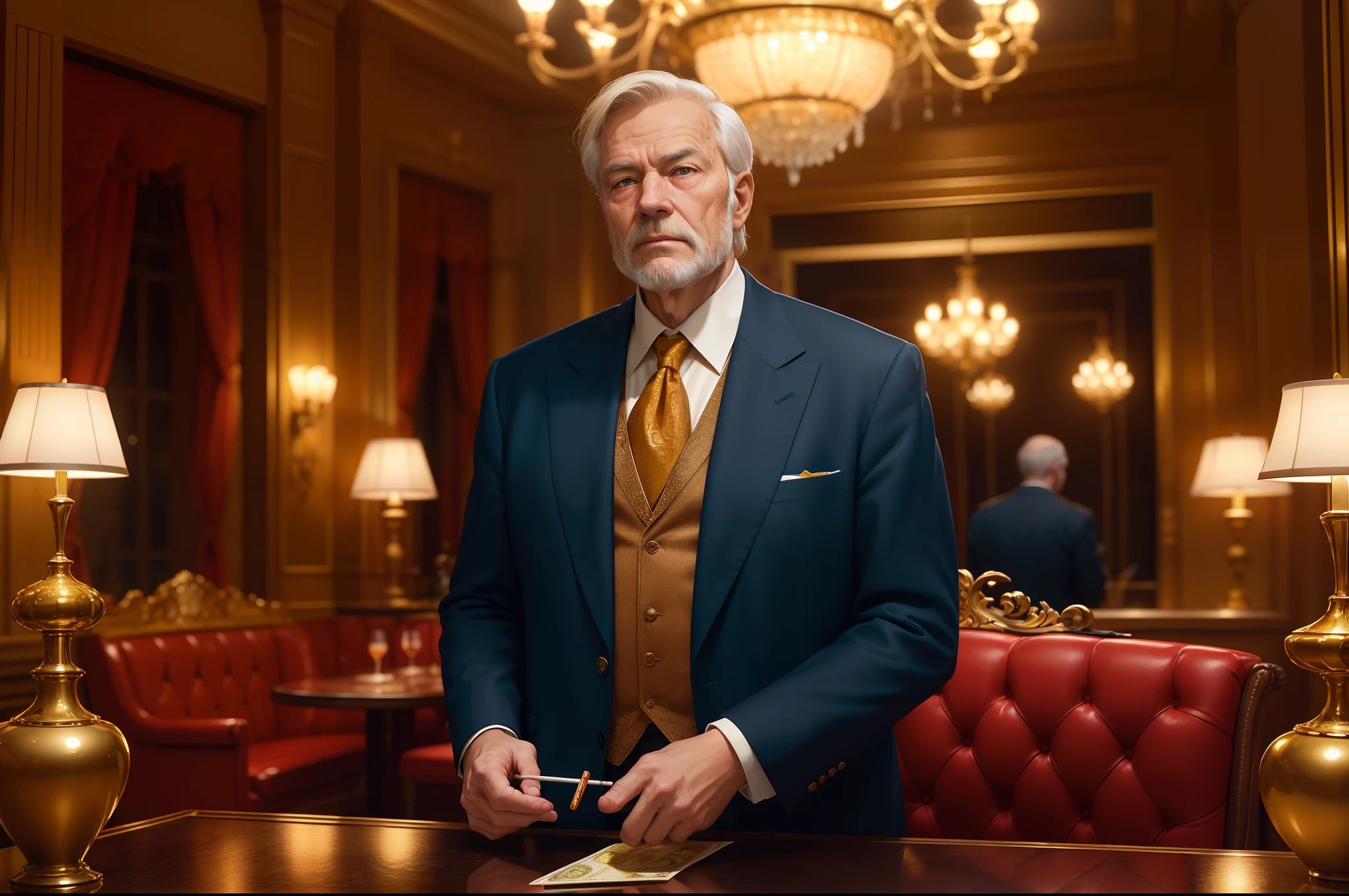 Create an ultra-realistic, photographic image with an 8k resolution and a 4:3 aspect ratio. The central figure in the image should be an elderly and weary-looking businessman, radiating success despite his fatigue. He should be wearing a rumpled shirt, symbolizing his exhaustion. Situate him within an upscale restaurant, surrounded by an air of opulence. Portray him surrounded by displays of wealth, with stacks of money casually showcased. Enhance the ambiance by depicting him holding a glass of whiskey and a cigarette in hand.