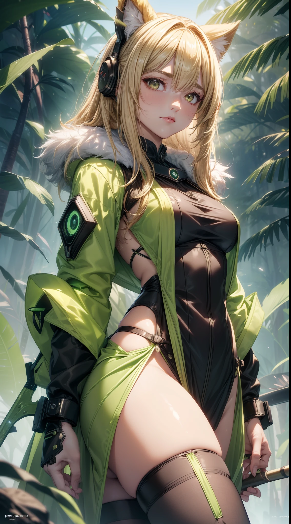 bright lime green futuristic animal ranger girl in coverall kimono suit (((skirt))) (((jacket))) with bow and arrow, animal ears, (robe), tropical, ((lacy)), futurism, cyberpunk, silk, fur, (stockings), natural breasts, slim body, zettai ryouiki, ((((medium length dull blond hair)))), dull blond hair, (beautiful detailed bright golden eyes), portrait, (beautiful and aesthetic:1.2, fractal art:1.4), most realistic, hyper-realistic, RAW, highest quality, best quality, Detailed, Realistic, 4k highly detailed digital art, octane render, bioluminescent, (cool_color), best pixels, 8k ultra, extremely detailed CG unity 8k wallpaper, cinematic lighting