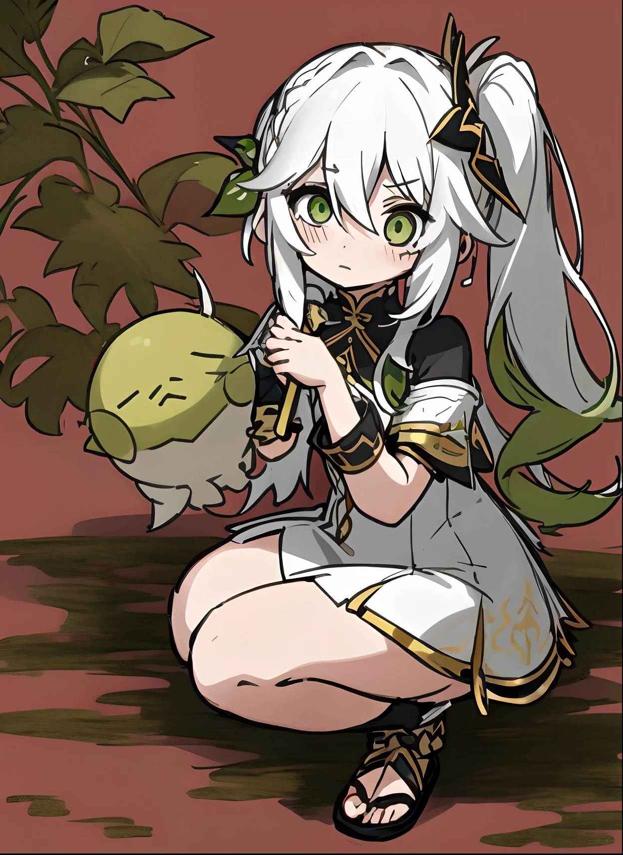 nahida,Anime girl with white hair black and white costume sitting on the ground, small curvaceous , holding a pudica pose, of a ramlethal valentine, cushart krentz, Marin Kitagawa fanart, Genshin, the anime girl is crouching, 《fireemblem》in Edergard, cushart kenz, noire, Edelgard de Fire Emblem