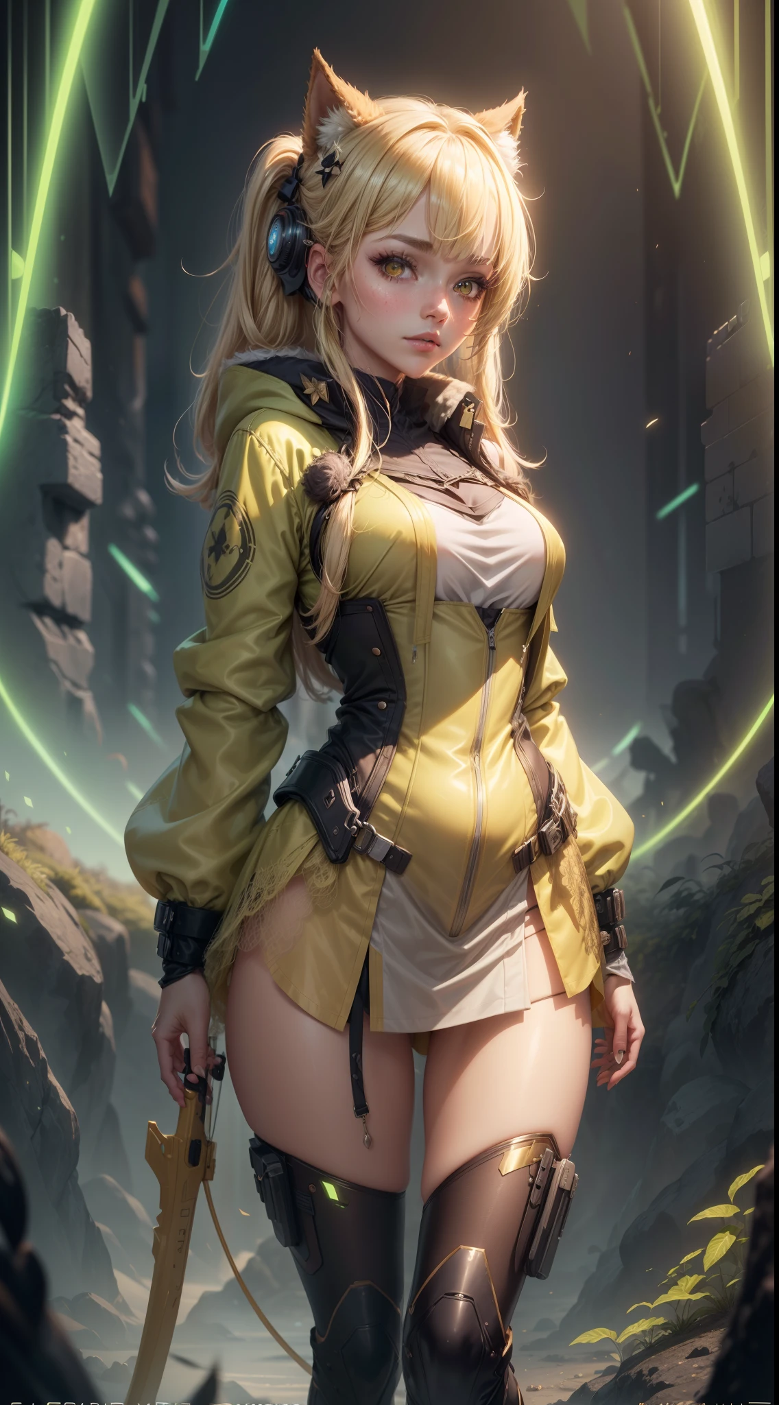 bright lime green futuristic animal ranger girl in coverall kimono suit (((skirt))) (((jacket))) with bow and arrow, animal ears, (robe), tropical, ((lacy)), futurism, cyberpunk, silk, fur, (stockings), natural breasts, slim body, zettai ryouiki, ((((medium length dull blond hair)))), dull blond hair, (beautiful detailed bright golden eyes), portrait, (beautiful and aesthetic:1.2, fractal art:1.4), most realistic, hyper-realistic, RAW, highest quality, best quality, Detailed, Realistic, 4k highly detailed digital art, octane render, bioluminescent, (cool_color), best pixels, 8k ultra, extremely detailed CG unity 8k wallpaper, cinematic lighting