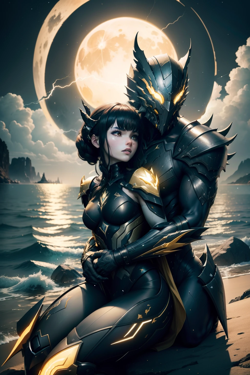 8K, realism style, ultra resolution, Gauss warframe body, berserk body, yellow lines on hands, toothy jaw, claws, yellow white coloring, lighting eyes, day, sit near sea, heavy armor, enchanted fantastic mask, pointed shoulders, berserk aura, looking at the moon, holds in hand draedon heart, lightning stars on the sky