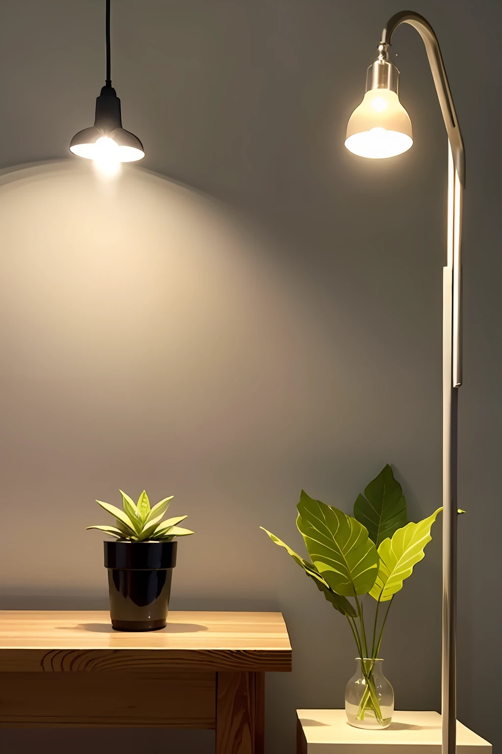 (Supermarket:1), There are two lamps on the table,There is a green plant before the two lights, very high quality lights, beautiful lit lamps, extremely good quality lighting, Beautiful and smooth soft light, Soft warm lighting, table light, beautiful natural soft light, room lighting, glowing lamps, BEST lighting, Soft natural lighting, soft indoor light, high quality lighting