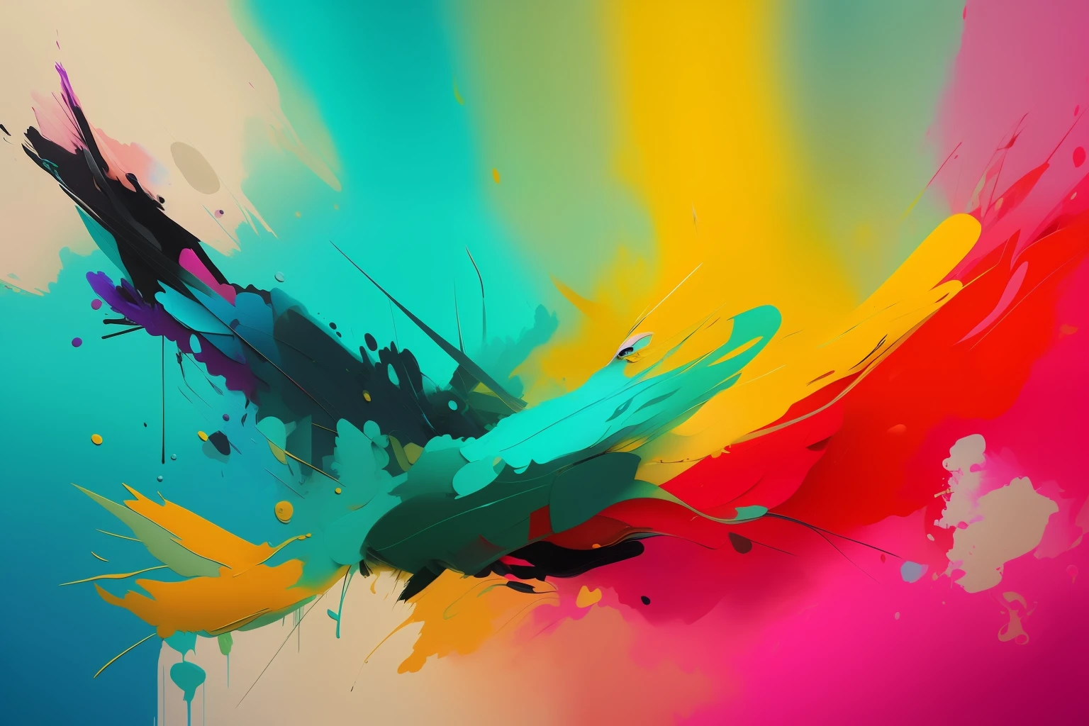 A colorful abstract painting with a black and white bird, vibrant expressive colours, Vibrant painting, archan nair, turquoise pink and yellow, Synesthesia, vibrant oil painting, abstract colours, Beautiful art UHD 4 K, abstract colours, bright colors oil on canvas, brightly coloured oil on canvas, Colorful explosions, colorful art, Colorful acrylic, (abstracted)