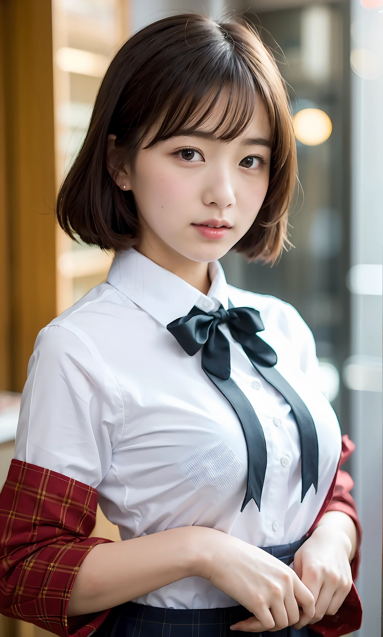 Dressed in Japan uniform、Girl in Japan uniform、Japanese high school students、white shirt、Got a red ribbon、Long body、