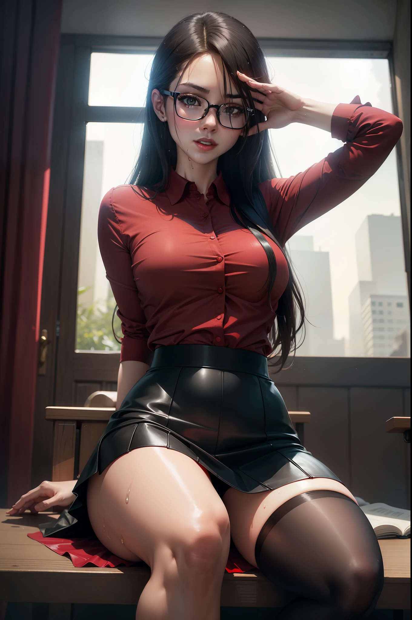 Beautiful sexy wet skirt, Red shirt, black short skirt, Black stockings, Long-haired glasses, Hands raised, Sitting, Legs open