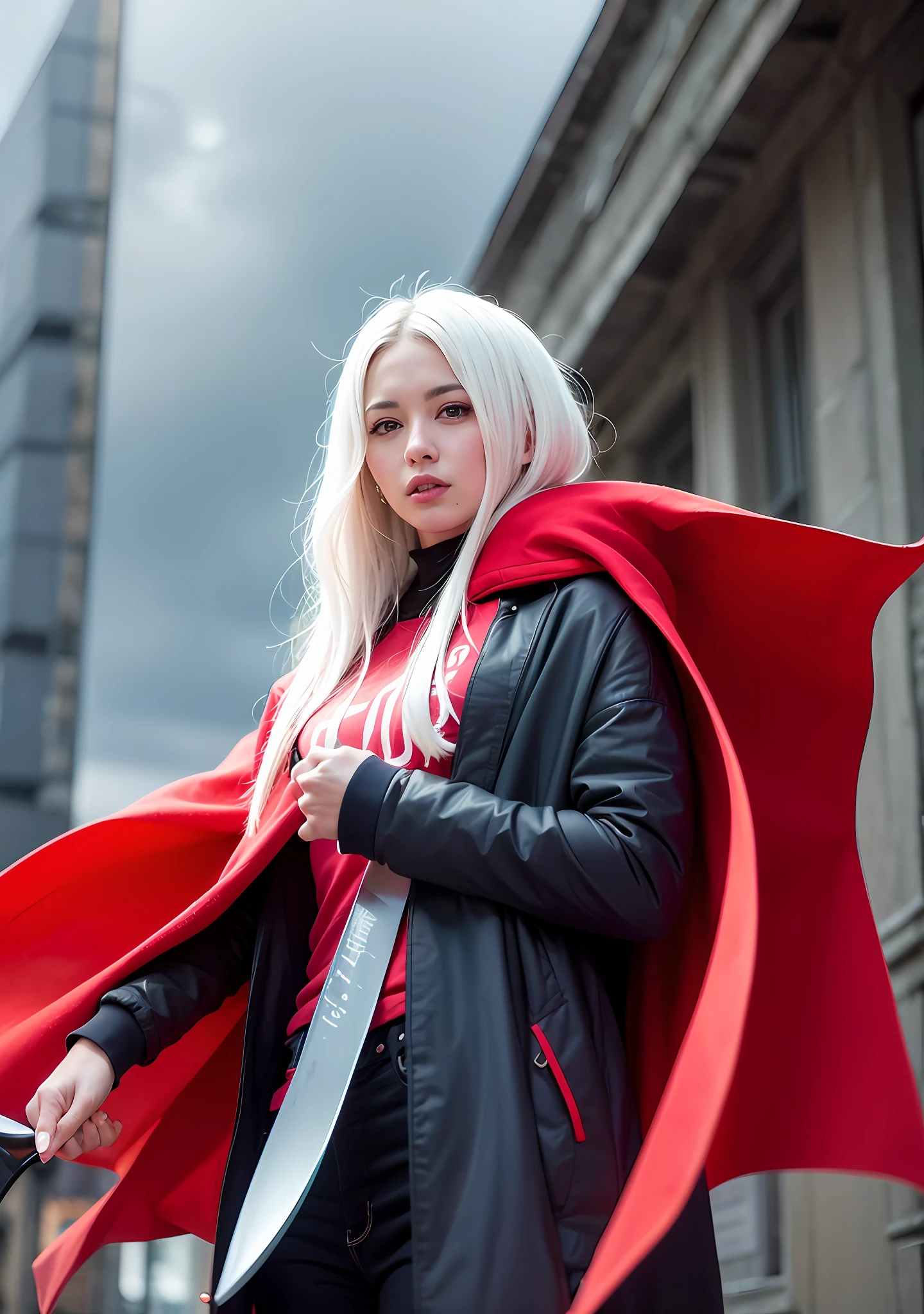 A beautiful woman with white hair and red eyes，Wearing a cape and hood，Standing in the cold wind with a Tang knife in his hand