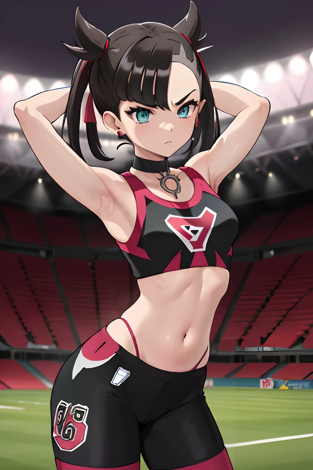 masterpiece, best quality, highres, hmmarnie, aqua eyes, black choker, red ribbon, sexy, armpits, earrings, jewelry, midriff, sports bra, bare shoulders, pants, leggings, standing, cowboy shot, stadium, arms on head, poke ball \(basic\), serious face,