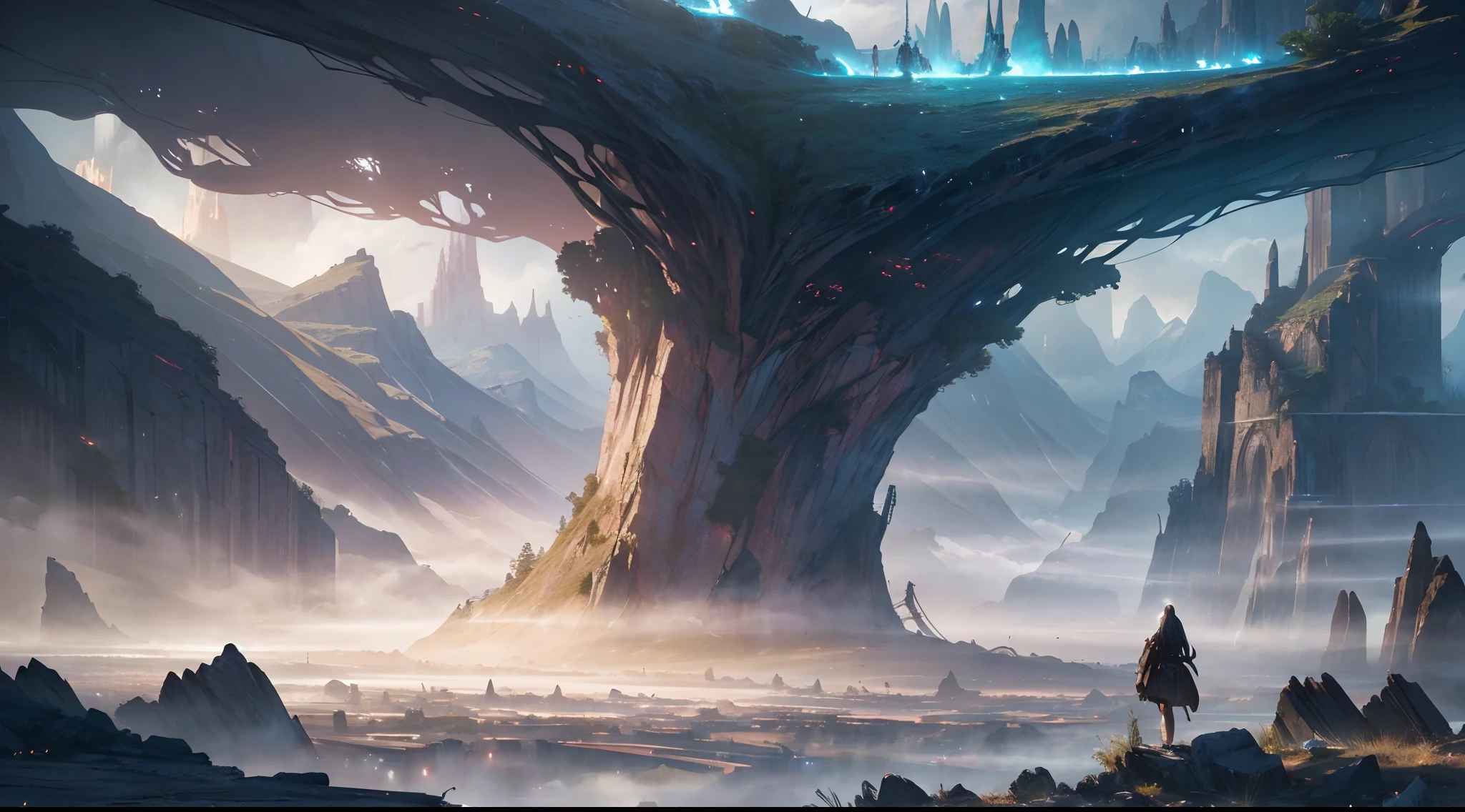 (by Greg Rutkowski: 1.2), (ultra-detailed CG unity 8k wallpaper, masterpiece, best quality, beautiful, depth of field, HDR, intricate), delicate, Craft a mesmerizing and otherworldly realm, filled with vivid hues, majestic, and enchanting landscapes, (no human), sharp focus, post processing, impressive