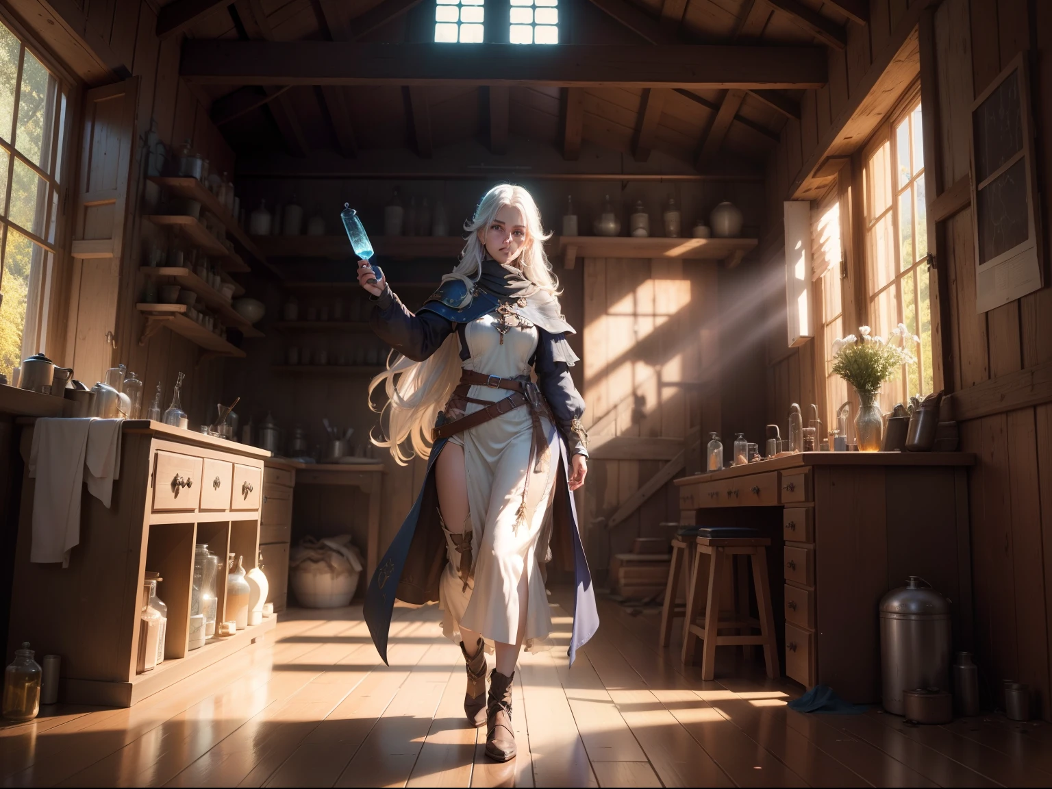 by Greg Rutkowski, model shoot style, (extremely detailed CG unity 8k wallpaper), an loving beautiful saint is doing chemical experiments in an old abandoned medieval hut with grace while standing dynamically and a lot of alchemical test tubes, light fantasy style, masterpiece, highest quality, lens flare, shade, bloom, [[chromatic aberration]], digital painting ,ultra-detailed , sharp focus, vivid colors