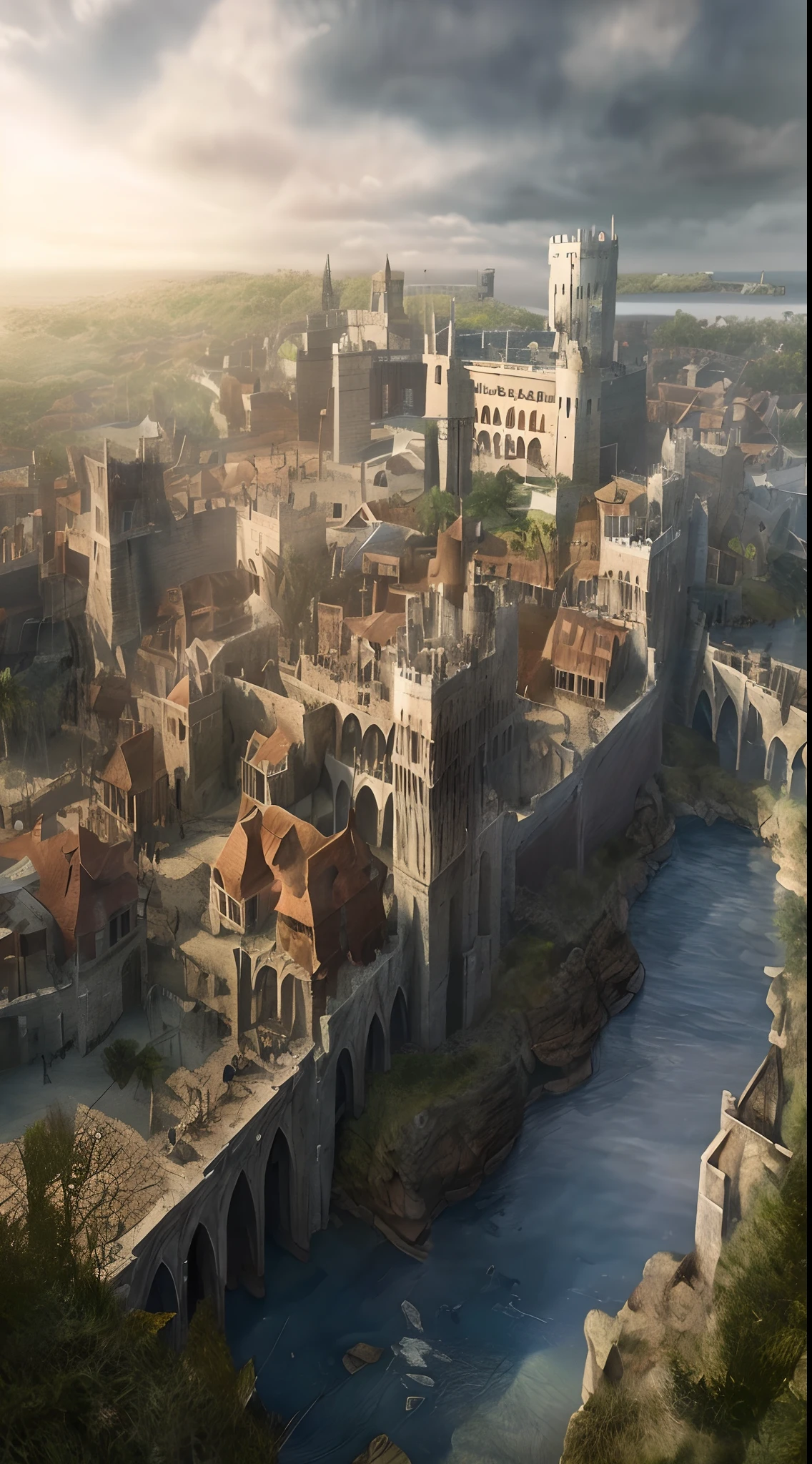 medieval cities, medieval city background, renaissance port city background, medieval town, Medieval realistic game art, Medieval fantasy art, Game scene graph，Aerial view，High angle lens，Primetime light，tmasterpiece，最好质量，Best image quality，