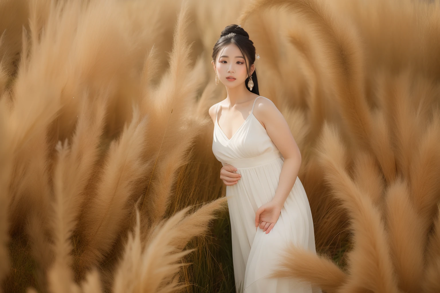 There was a woman in a white dress standing in front of a high grass wall, Wearing a white flowing dress, maternal photography 4 k, a beautiful woman in white aodai, Inspired by Tang Yifen, wearing white clothes, in a long white dress, inspired by Kim Du-ryang, portrait photo of a backdrop, a stunning young ethereal figure, high quality portrait photoshoot