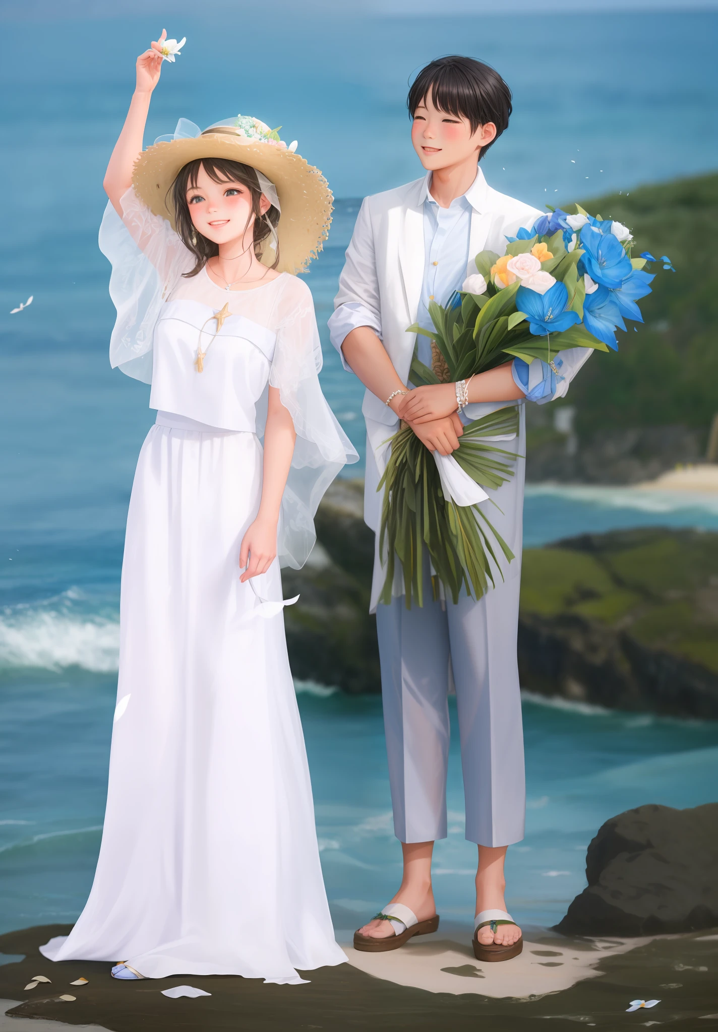 cute female child,Beautiful girl,Hands up,With a straw hat,A handsome boy holding a flower,They stand on the seaside stones and take wedding photos,beachside,wedding photo,Blue waters,Blue sky,