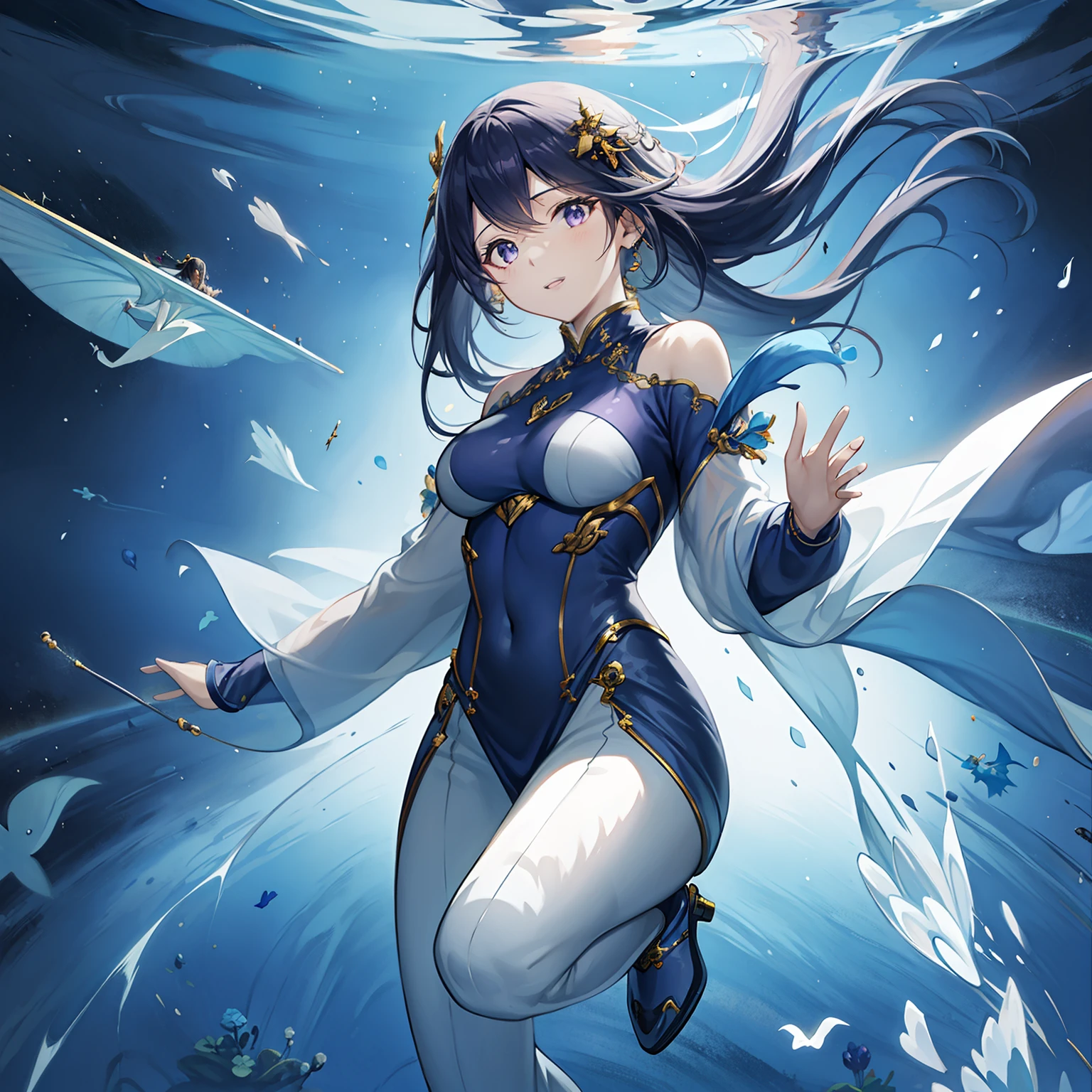 top-quality、android woman、under the water、fullbody image、flying though the air、spaceship background、clenched mouth、Transparent purple armor、Glistening hair