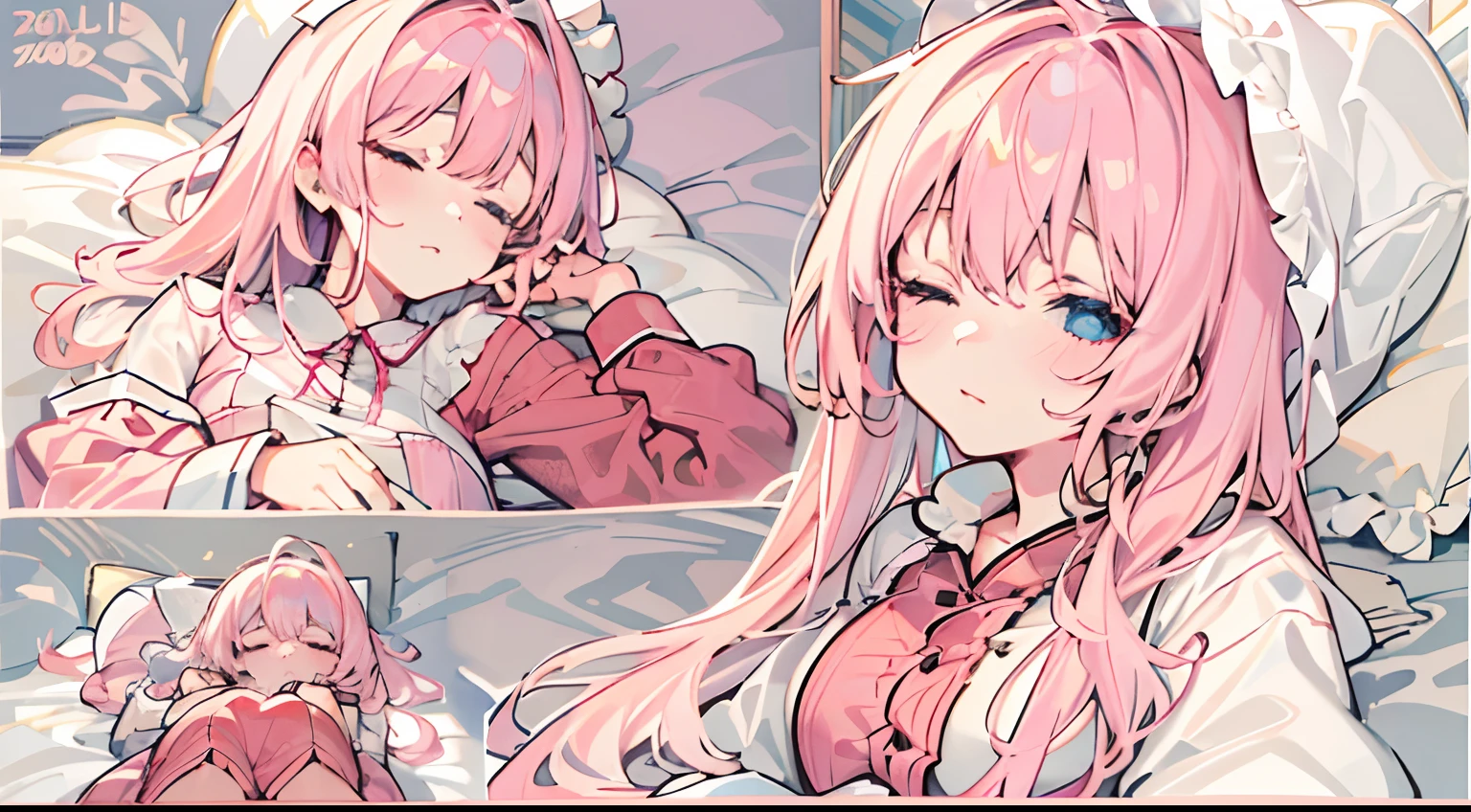 Sleeping girl，22 year old，realisticlying， Wear pink close-fitting pajamas，white color hair， Pajamas tugging， Keep your eyes closed，janelas， waking up， Morning， Be red in the face