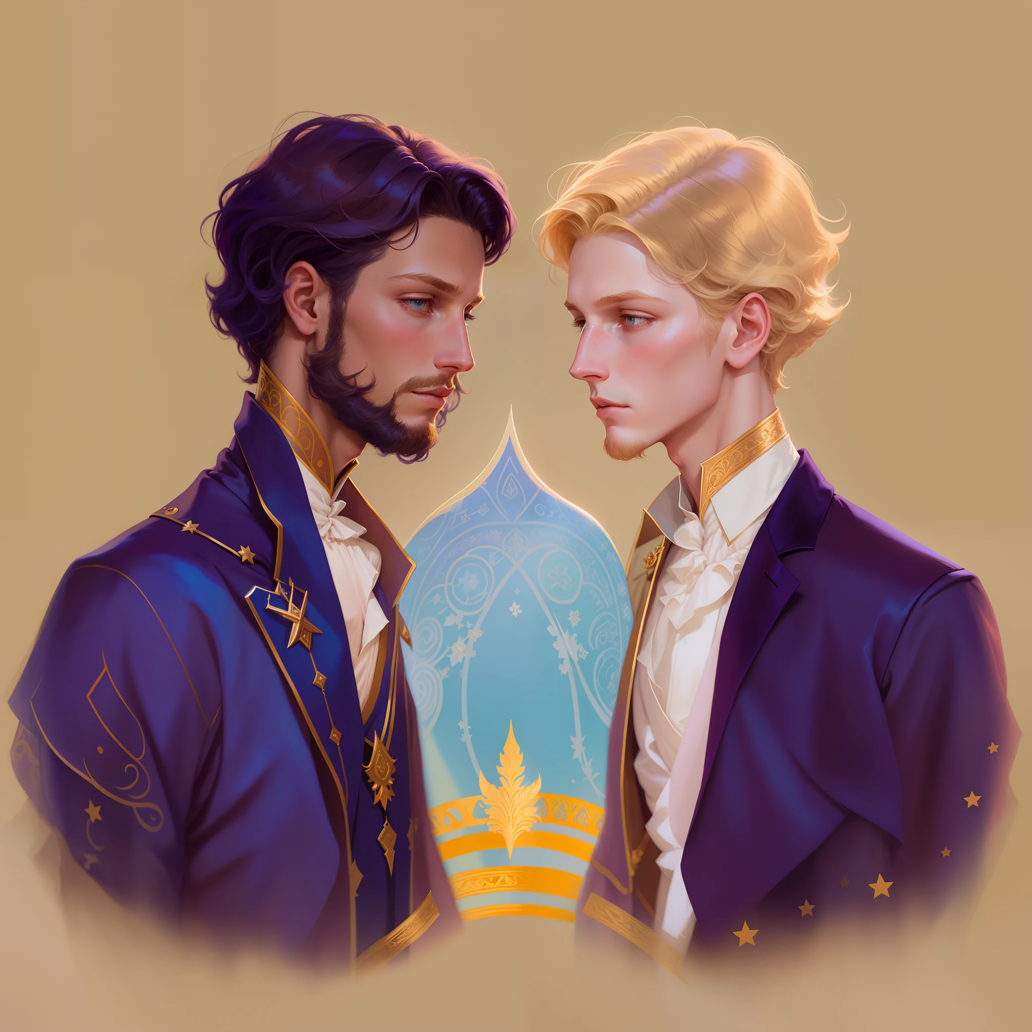 There are two people who stand side by side, Edmund Blair e Charlie Bowater, portrait of magical blond prince, Beautiful androgynous prince, delicate androgynous prince, Edgar Maxence e Ross Tran, Darius Zawadzki e Tom Bagshaw, Charlie Bowater e Tom Bagshaw, Phil Noto e James Jean