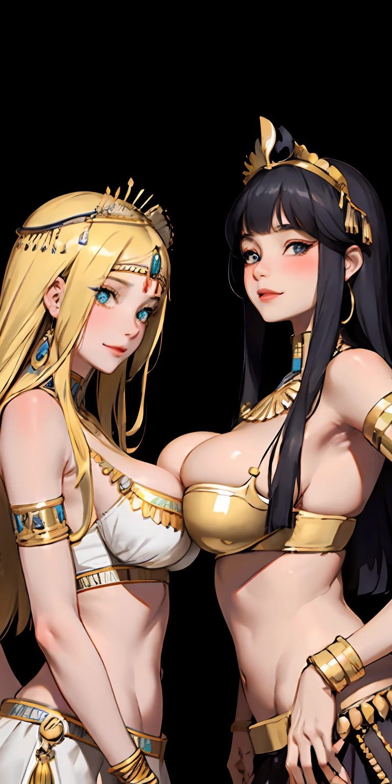 realisticlying、Ancient Egypt、Two girls in Cleopatra style are approaching each other's breasts、Clothing in the time of the pharaohs、Put a little emphasis on the valley、Face Real、A sexy、Face smile、Breasts enlarged