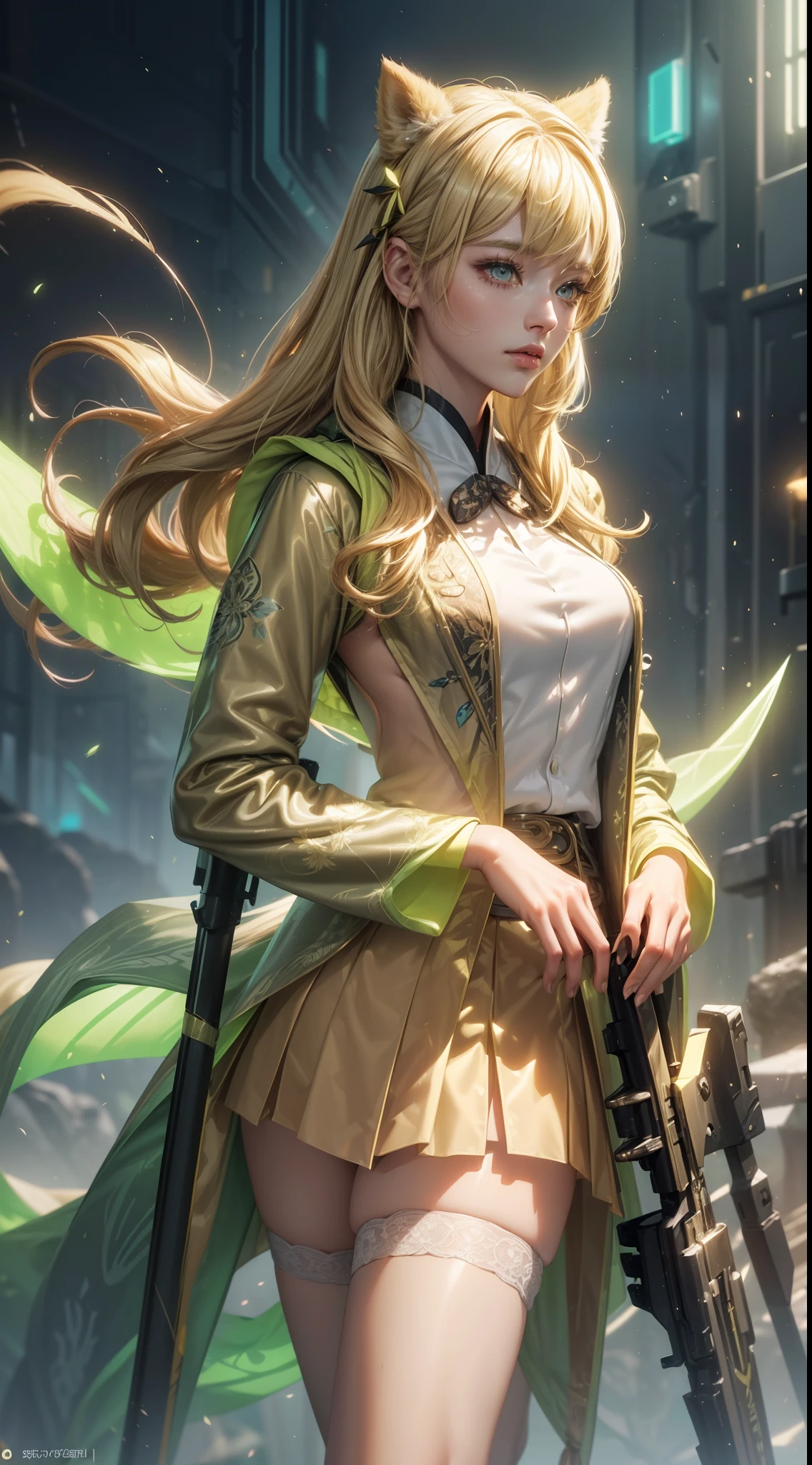 bright lime green futuristic animal ranger girl in coverall kimono suit (((skirt))) (((jacket))) with bow and arrow, animal ears, (robe), tropical, ((lacy)), futurism, cyberpunk, silk, fur, (stockings), natural breasts, slim body, zettai ryouiki, ((((medium length dull blond hair)))), dull blond hair, (beautiful detailed bright golden eyes), portrait, (beautiful and aesthetic:1.2, fractal art:1.4), most realistic, hyper-realistic, RAW, highest quality, best quality, Detailed, Realistic, 4k highly detailed digital art, octane render, bioluminescent, (cool_color), best pixels, 8k ultra, extremely detailed CG unity 8k wallpaper, cinematic lighting