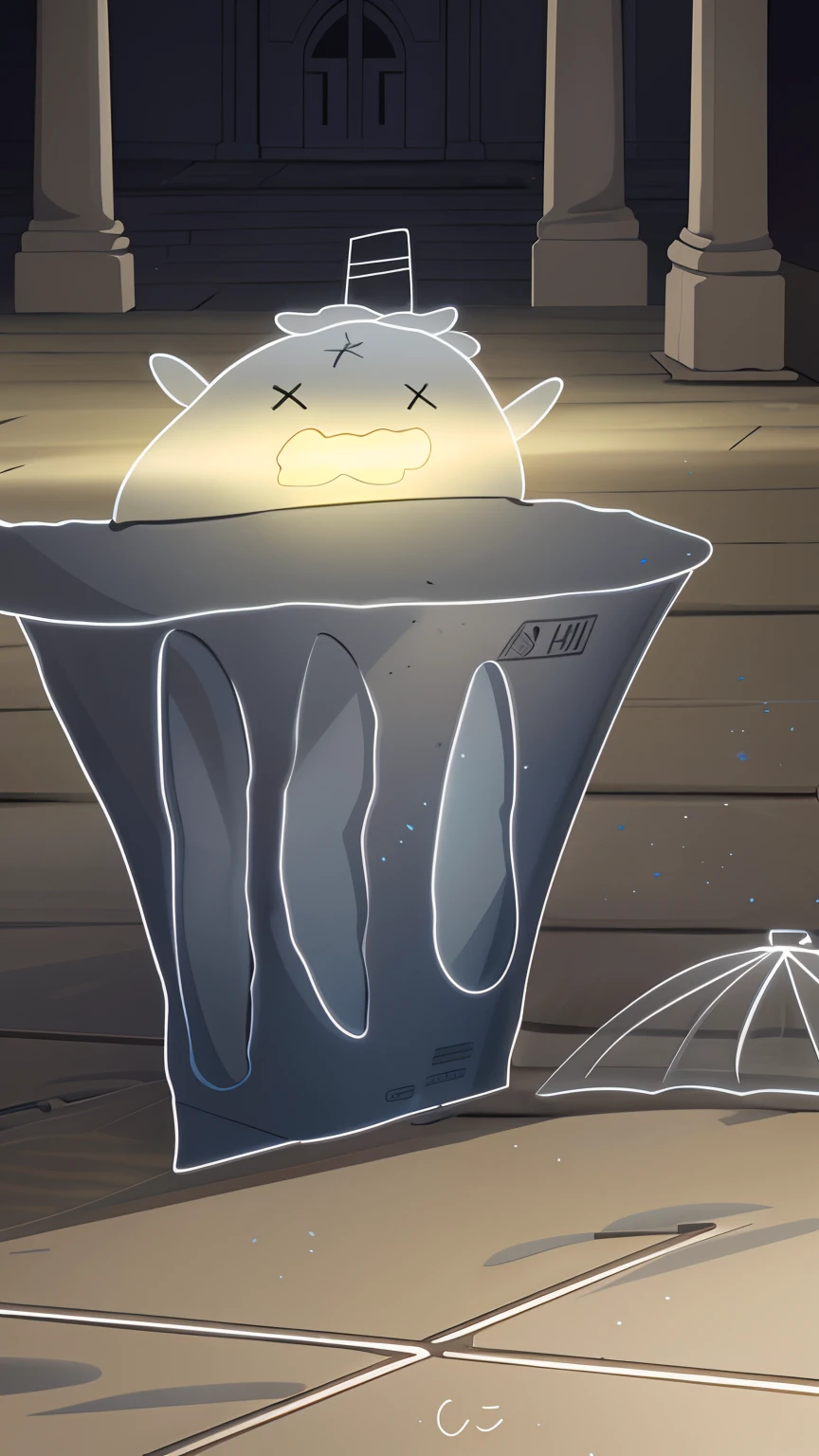 nigth,llight rays,Best quality ,Masterpiece, illustration, An extremely delicate and beautiful, Extremely detailed ,CG ,,8K wallpaper, Amazing, finedetail, Masterpiece,Best quality,offcial art,(RAW photo, Best quality), light in face,(A cute ghost,Jump out of a trash can),The trash can lid fell to the floor,Time of night,the city street,Rich in color,There are flowers around the perimeter,