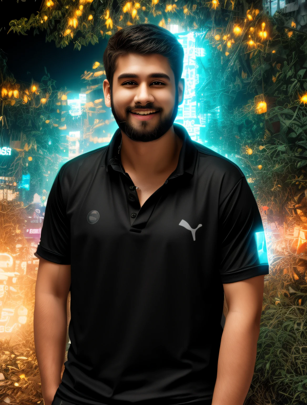cyberpunk, animation, smart boy, smiling face, realistic face, black t-shirt, change background, original skin color, original beard