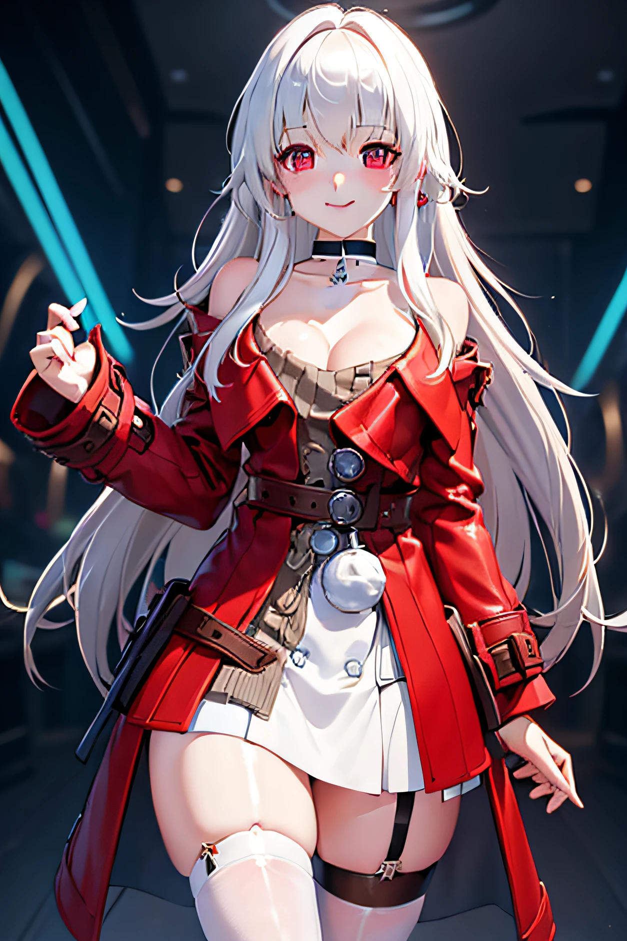 tmasterpiece,k hd,good quality, 1girll,Cover the chest,cafe shop,Cash register,mouth mask,Light red blouse, Extremely delicate big eyes, Honkai,klara with huge breasts,Lori huge breasts cleavage,( Silvery-white hair。choker necklace,Earrings, Drill hair, ,Black gradient stockings,leather shoes,angle of view,Pay attention to arm details, Finger details, Shy, Smiling, Blushing, Perfect hands, Depth of field