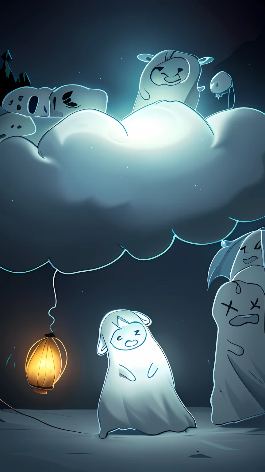 The ghost on the cloud is sleeping,Ghosts playing under the clouds,Unhappy,The balloon fell,Dark night environment,lamplight,light and shadow effect