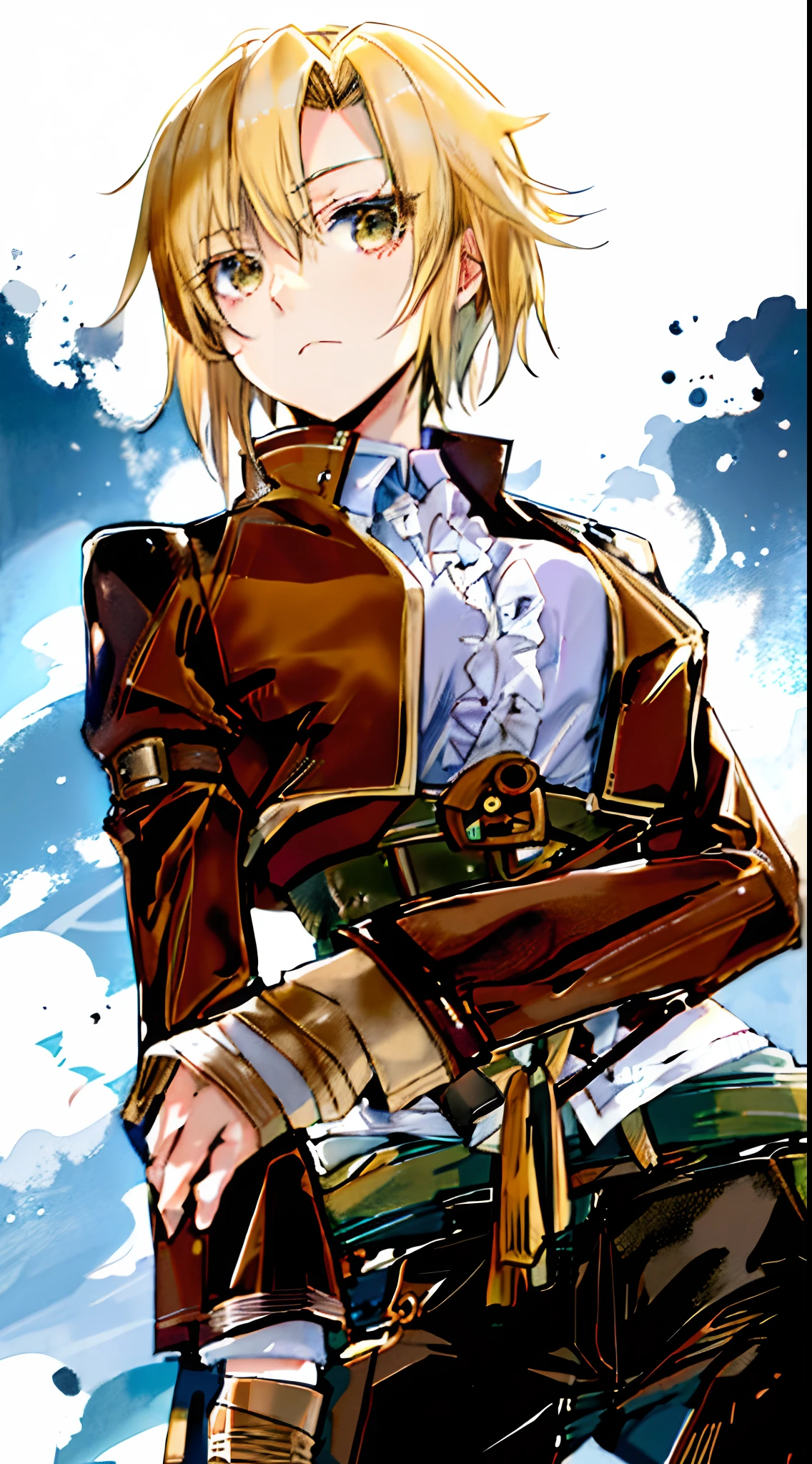 anime girl with short blonde hair wearing a brown adventurer jacket, hazel eyes, frilly white shirt, slightly frowning, inspired by Li Chevalier, anime style, beautiful androgynous, inspired by Yamagata Hiro, steampunk city in background