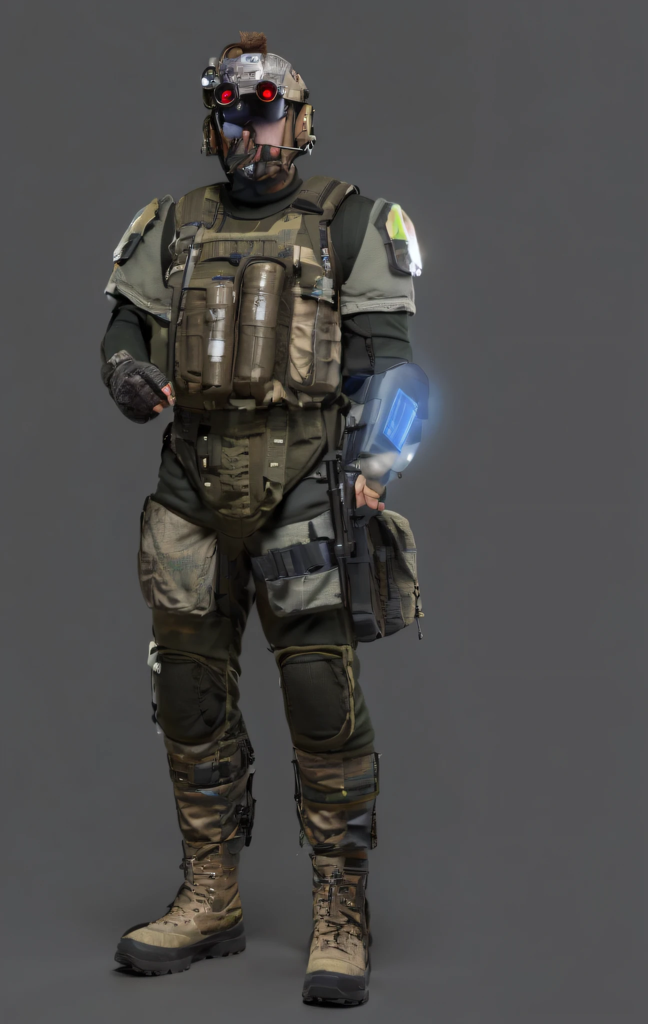 A close-up of a man in military uniform holding a gun, clothed in sci-fi military armor, sci-fi soldier,Tactical backpack, in a dark space mercenary outfit, sci - fi character, scifi character render, future soldier clothing, expert high detail concept art, dressed in tactical armor, sci - fi character, maxwell render, starfinder character, cyberpunk soldier
