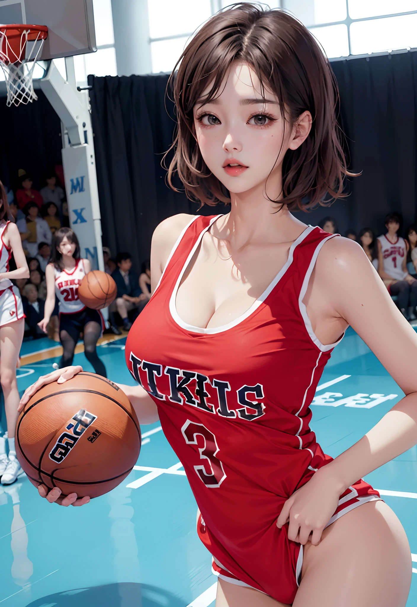 (8k、RAW Photography、top-quality、masterpiece:1.2)、(realisitic、Photorealsitic:1.4)、illustratio、hight resolution、hexagonal shaped、(1girl in)、a gorgeous、Rough skin、(oval-face:1.1)、profetional lighting、photon maping、Radio City、physically-based renderingt、((Yuki Kashiwagi:0.8))、((Akari Suda:0.5))、idol、Beautuful Women、cute little、
Basketball uniforms on basketball court、large full breasts、((cleavage of the breast)Wear、pureerosface_v1:0.3