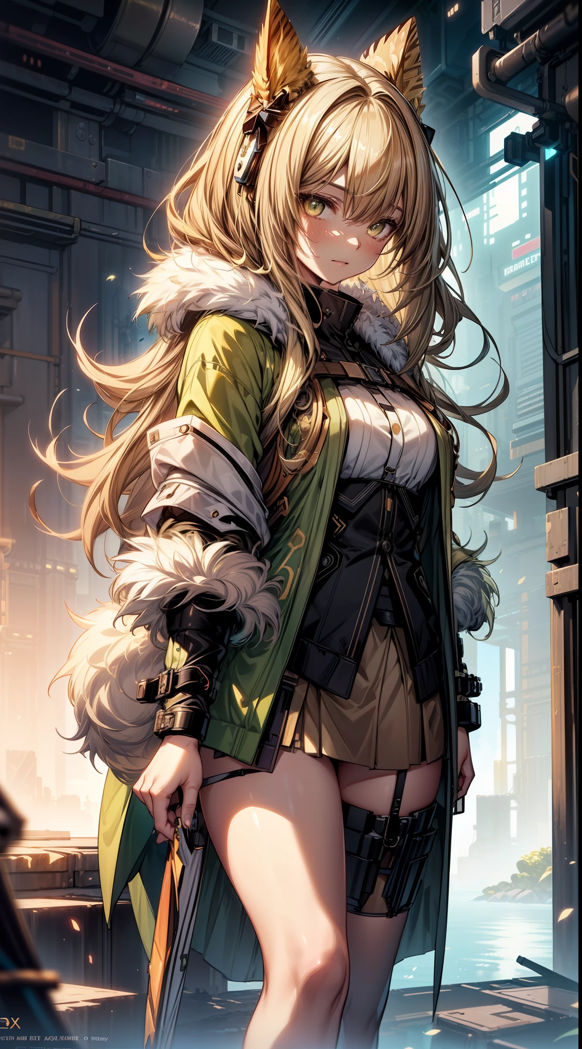 bright lime green futuristic animal ranger girl in coverall kimono suit (((skirt))) (((jacket))) with bow and arrow, animal ears, (robe), tropical, ((lacy)), futurism, cyberpunk, silk, fur, (stockings), natural breasts, slim body, zettai ryouiki, ((((medium length dull blond hair)))), dull blond hair, (beautiful detailed bright golden eyes), portrait, (beautiful and aesthetic:1.2, fractal art:1.4), most realistic, hyper-realistic, RAW, highest quality, best quality, Detailed, Realistic, 4k highly detailed digital art, octane render, bioluminescent, (cool_color), best pixels, 8k ultra, extremely detailed CG unity 8k wallpaper, cinematic lighting
