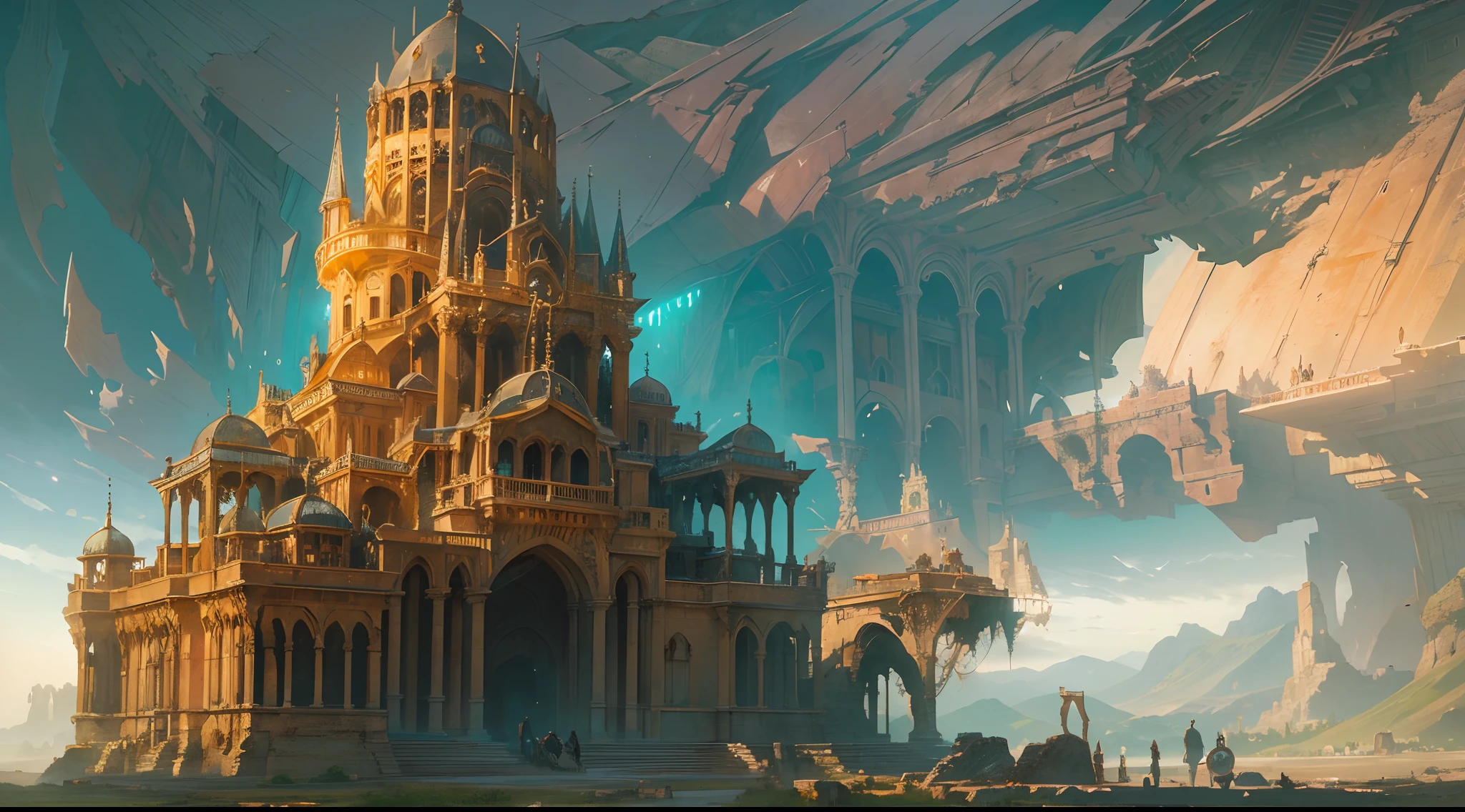 (by Greg Rutkowski: 1.2), (masterpiece), (best quality), extremely delicate and beautiful, illustration, (fantasy landscape), enchanting atmosphere, magical elements, vibrant colors, ethereal beauty, gigantic structure, majestic ancient ruins, whimsical architecture, dreamlike scenery, depth of field, HDR, intricate, delicate