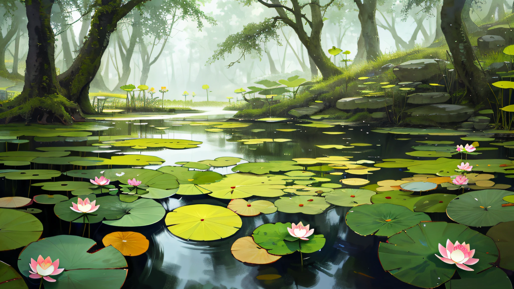 （The best quality）），（There are no photos of people），at a forest，Lotus leaf，lotuses，frogs，Quiet pond，Lots of wildflowers，small stream，steins，mossy，
