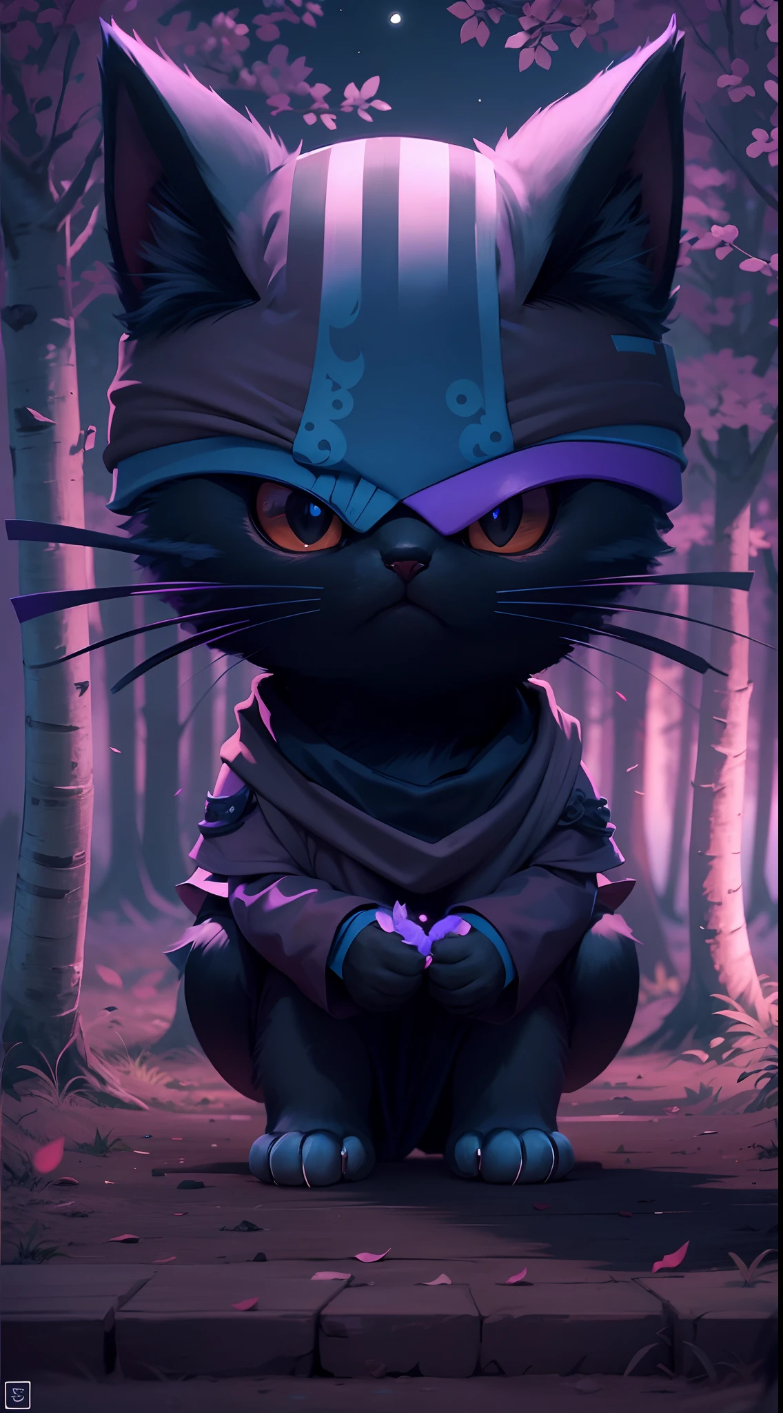 Create a vibrant dark fantasy cute ninja cat in a clean-lined minimalistic cartoon style, in the background a beautiful forest and a bright purple moon, octane render, 8k