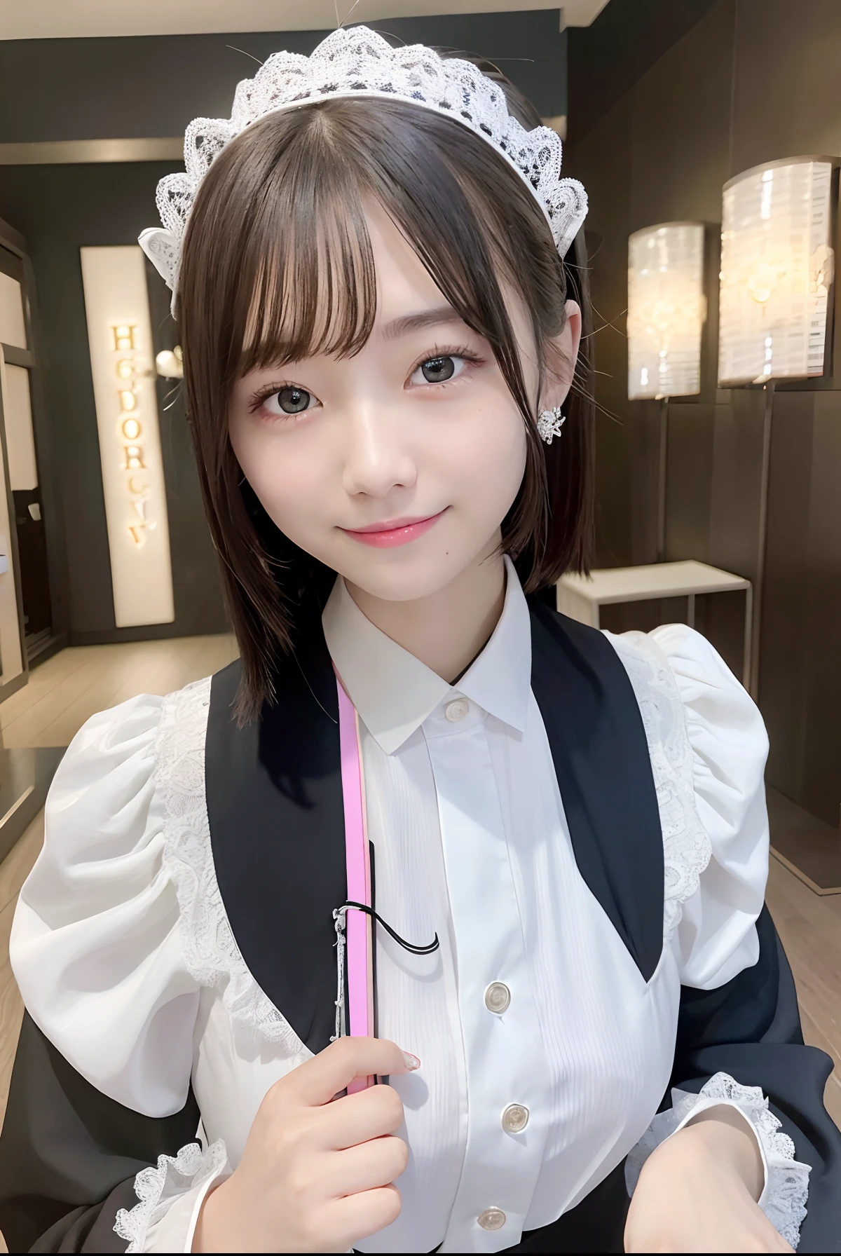 （realisticlying，realisticlying：1.5），（tmasterpiece），（best qualtiy：1.4），（hyper HD：1.2），（RAW photogr：1.2），（sharpfocus：1.3），（Face focus：1.2），japanaese girl，Professional clothing，（young 17 years old：1.1），（joyful smile：1.5），（Hairy cuts：1.6），（Japanese idol costume white，black and pink：1.4），（beautyface：1.7），（Beautiful dress in detail：1.4），gothic maid，（Professional photos of Japanese girls），（： 1.3）， （Wide open chest）， （Detailed silver hair）， （twosideup）， （peeping at the viewer： 1.2）， （Music DJ cover art： 1.1）， （ Music Design Art Stage： 1.4）， （simple grey background： 1.6）， Gorgeous golden lights， BREAK， （The large）， beatiful detailed eyes， （adolable），