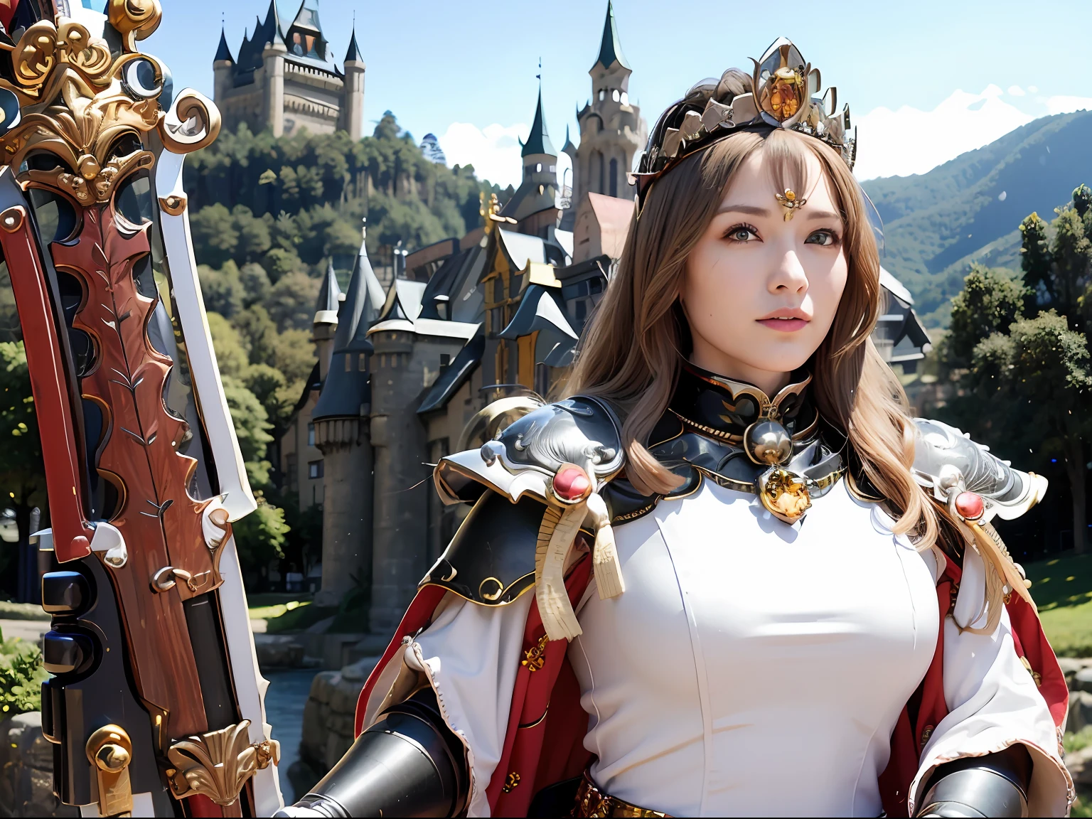 (masutepiece), Professional , ​masterpiece、top-quality、photos realistic , depth of fields （Gemstone Silver Metal Body:1.９),(Matte White、Jewel Gold Weapon、（Gorgeous castle background）、（Realistic giant black dragon）、（Jewel Metal Body:1.４),Gorgeous Jewel Metal Weapons , Detailed Sword of the Brave ,（ Soldier background in metal armor）   ,warhammer 40k , adepta sororitas,Detail and ornate jewel crown、独奏、Brown hair、（Gangle's forest background）、Beautiful Caucasian beauty、１a person、dynamic ungle,(((Diamond tiara with detail and luxury)))、a small face、A smile、Powerful poses、（Gorgeous castle background）、huge filesize、20 year old beautiful woman、Stand in the center of the screen、Thin female fingers、Straight long hair、Beautiful Caucasian beauty、