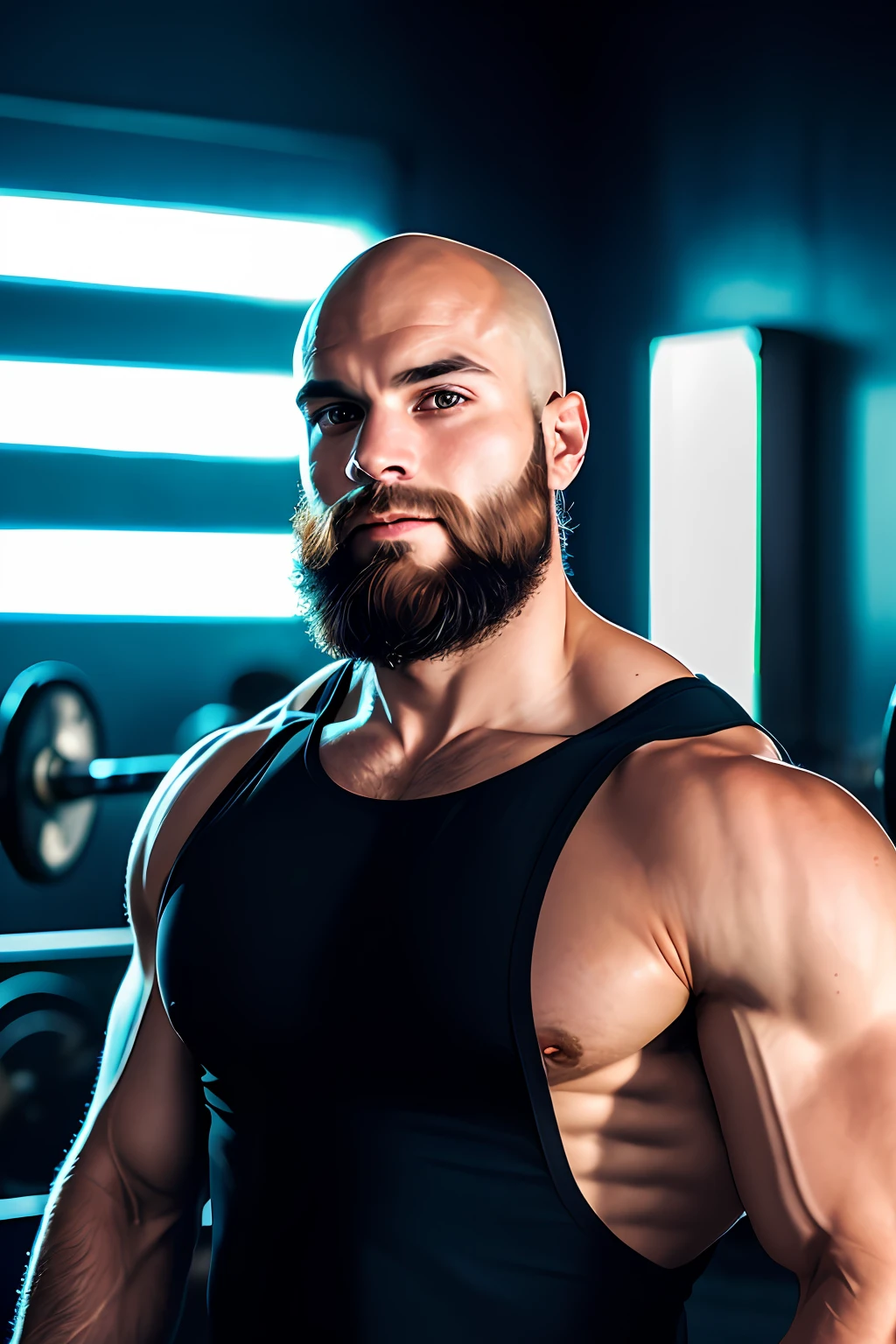 A bald man with a medium size, Well-groomed beard is in the gym. He has a muscular appearance, but not overly strong, as if he were teaching someone something. The gym is dark, com uma atmosfera sombria e contrastes neon, que iluminam alguns detalhes. The scene conveys a sense of focus and determination.