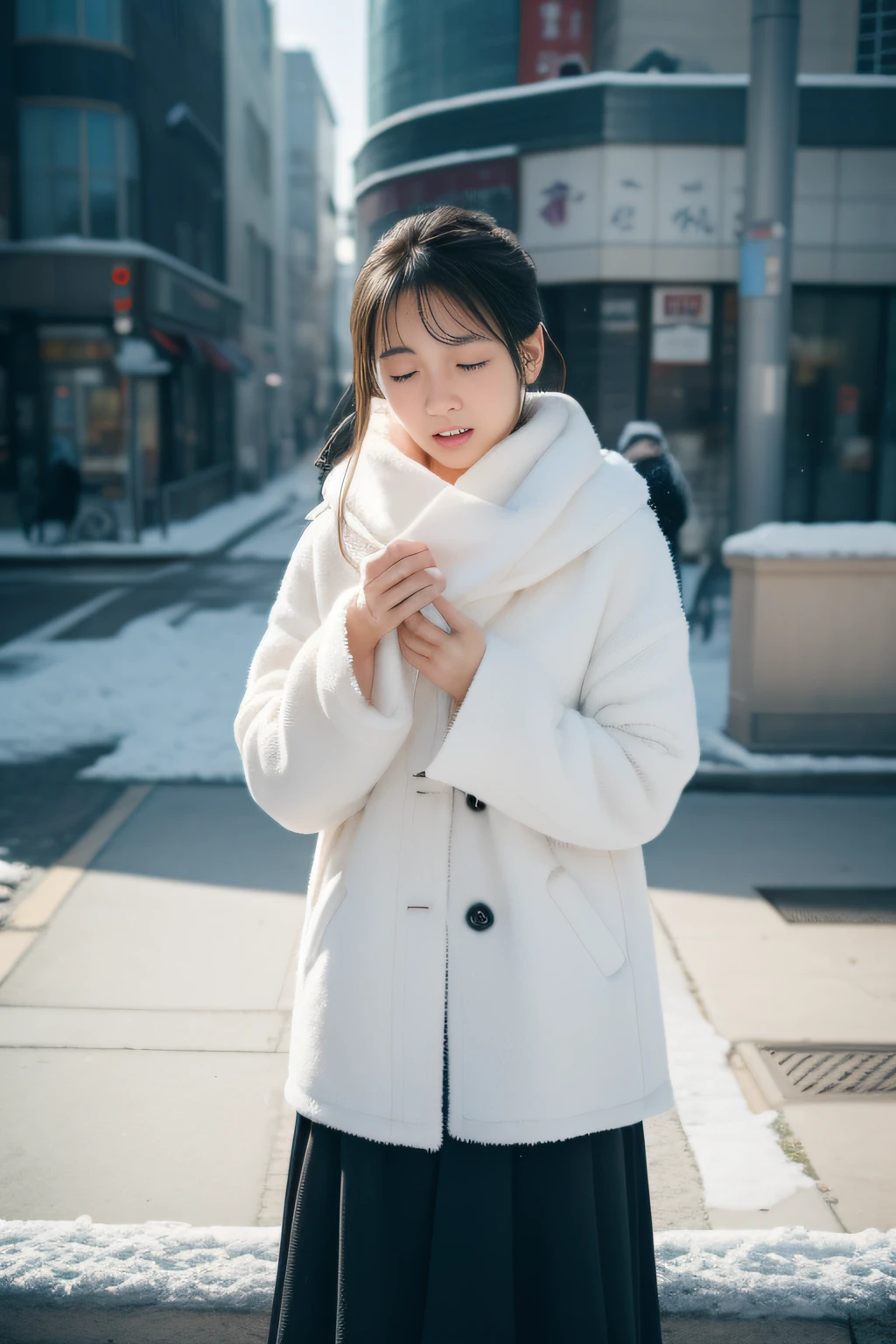 (great masterpiece、high-level image quality、hightquality),(A Japanese Lady、Cute with good looks:1.3、25-years old)、(Psychology of women in anguish and despair、The cold of winter freezes you、kou)、(The breath is white、Crying with a broken heart、tears)、(Perfect and complete anatomy、Perfect and beautiful limbs)、(Winter Outfit、solitude)、Snow flutters、Cloudy sky、Crying in a corner of the city、professional photograpy、Spiritual imagery、Love and sadness、