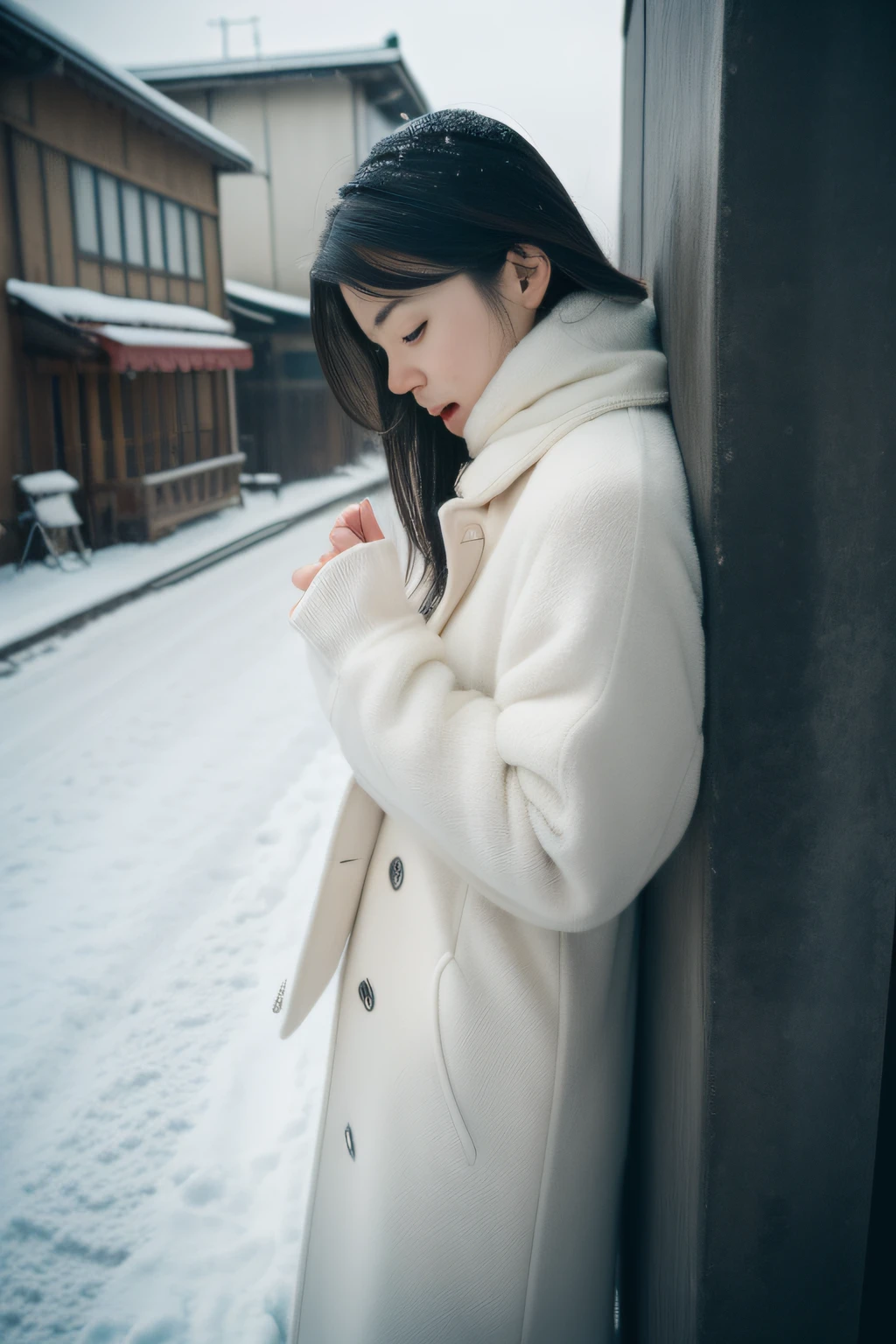 (great masterpiece、high-level image quality、hightquality),(A Japanese Lady、Cute with good looks:1.3、25-years old)、(Psychology of women in anguish and despair、The cold of winter freezes you、kou)、(The breath is white、Crying with a broken heart、tears)、(Perfect and complete anatomy、Perfect and beautiful limbs)、(Winter Outfit、solitude)、Snow flutters、Cloudy sky、Crying in a corner of the city、professional photograpy、Spiritual imagery、Love and sadness、
