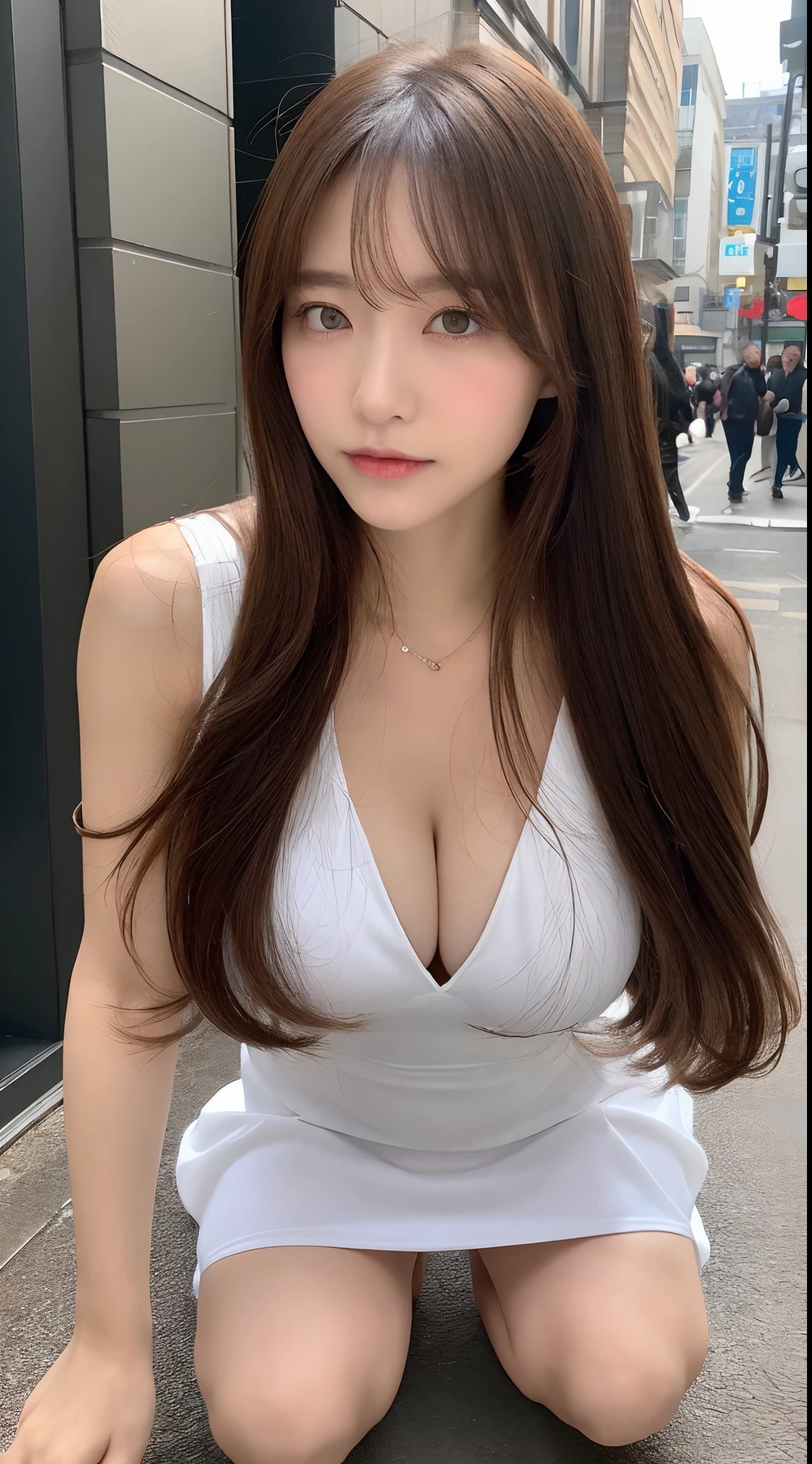 ((top-quality、8k、masterpiece: 1.3))、sharp: 1.2、Perfect body beauty: 1.4、Slender abs: 1.2、((Layered Hair Style、huge tit: 1.35))、(Bandeu dress white: 1.1 )、Street: 1.2、Highly detailed face and skin textures、A detailed eye、二重まぶた、long brown hair、Thin dress、Hands behind、crouching down、Slightly exposed panties、Exposed cleavage。
